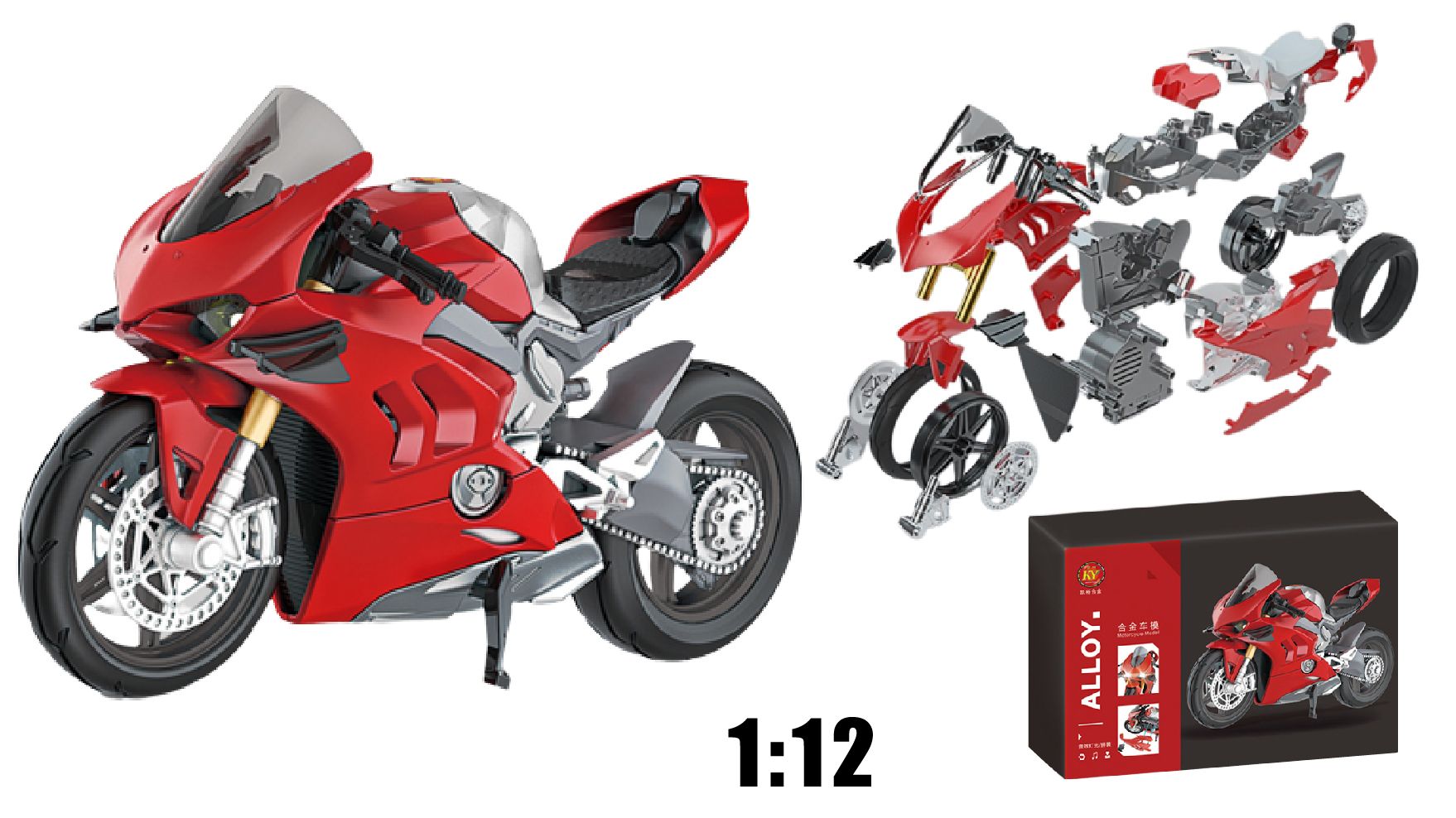 Mô hình xe lắp ráp Ducati V4 hợp kim có âm thanh có đèn 1:12 Alloy Model MT032 