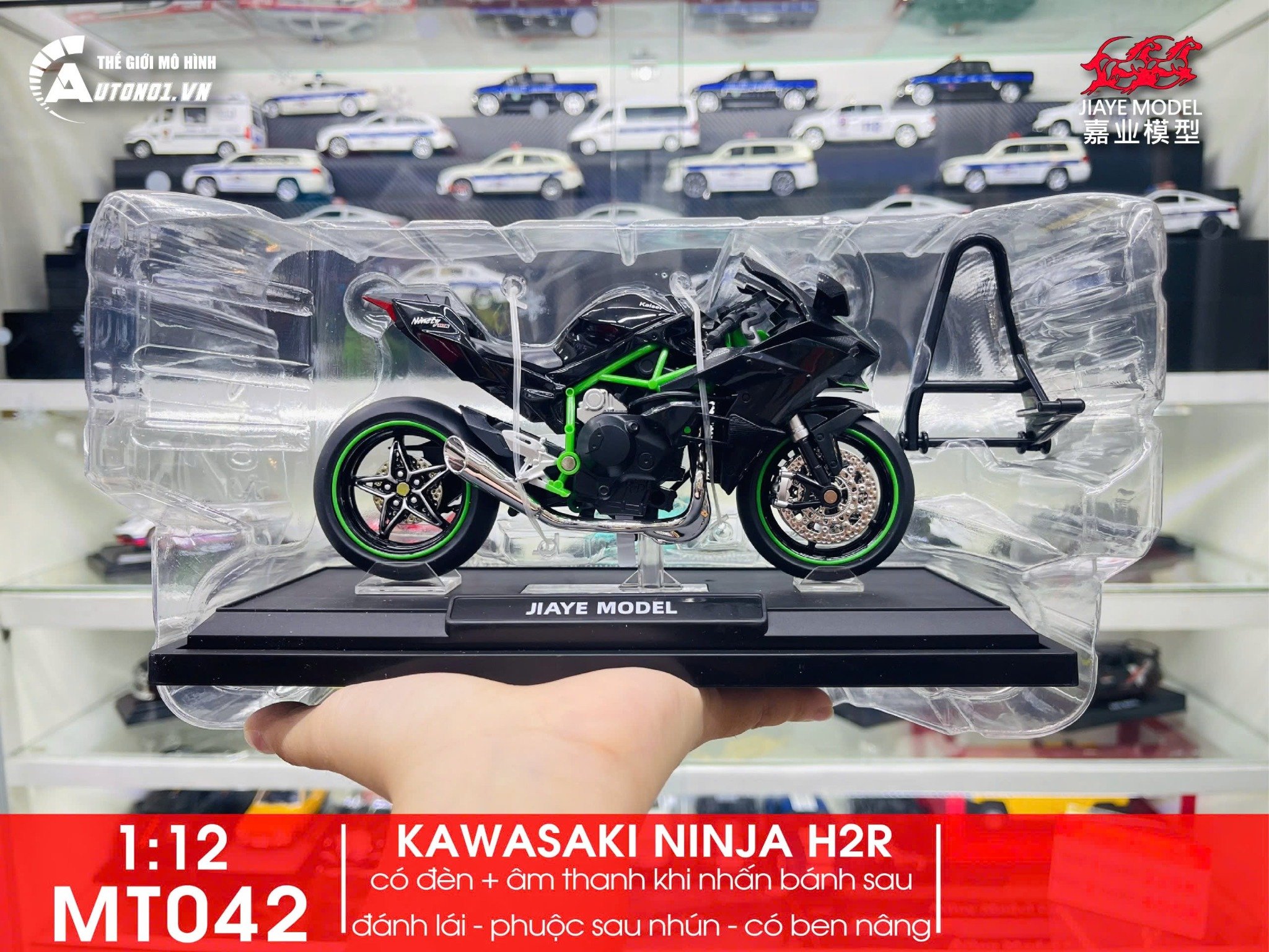  Mô hình xe Kawasaki H2R có đế có ben nâng 1:12 Jiaye Model MT042 