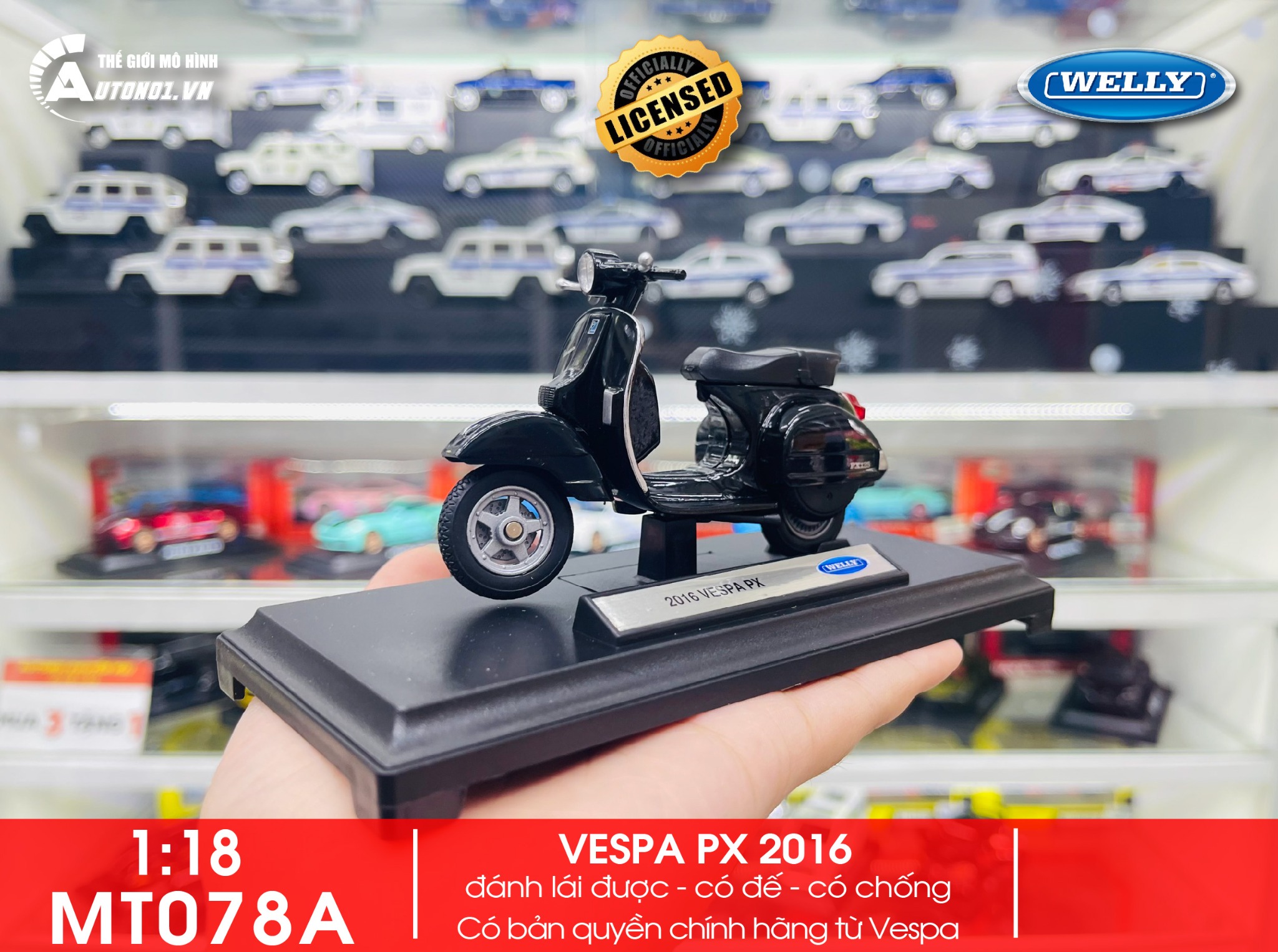  Mô hình xe Vespa px 2016 black 1:18 Welly MT078A 