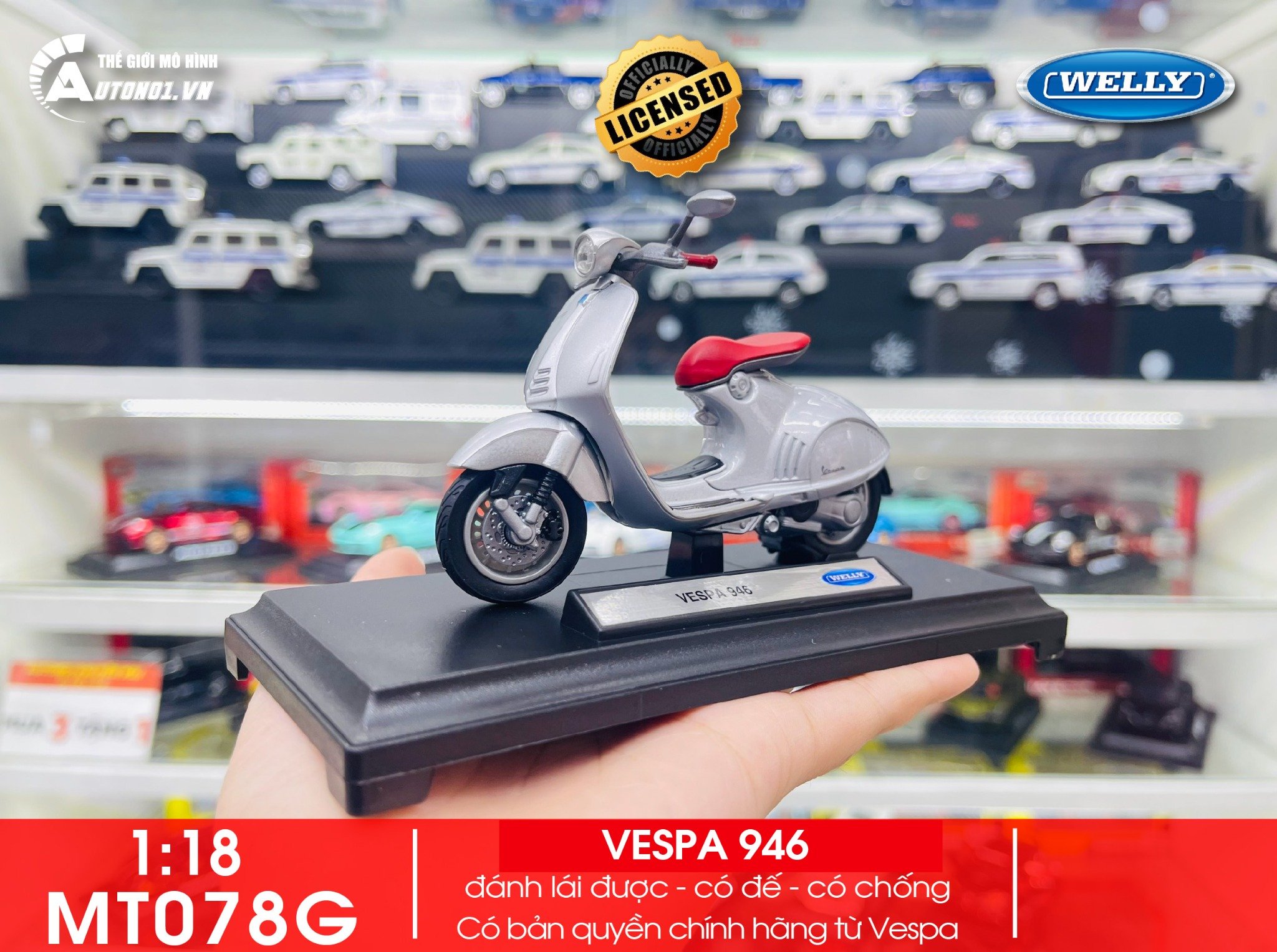  Mô hình xe Vespa 946 2014 silver 1:18 Welly MT078G 