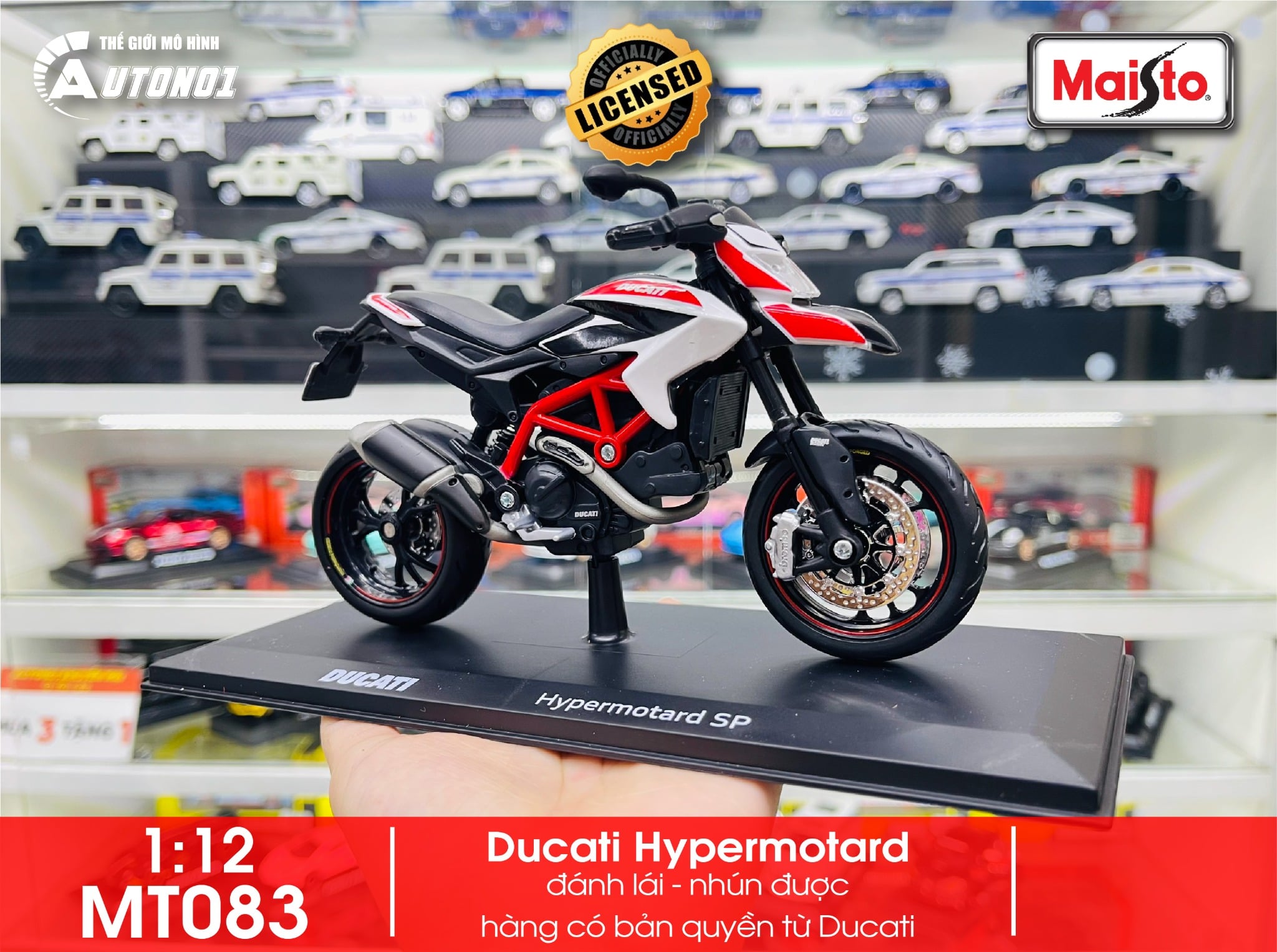  Mô hình xe Ducati Hypermotard red white có đế 1:12 Maisto MT083 
