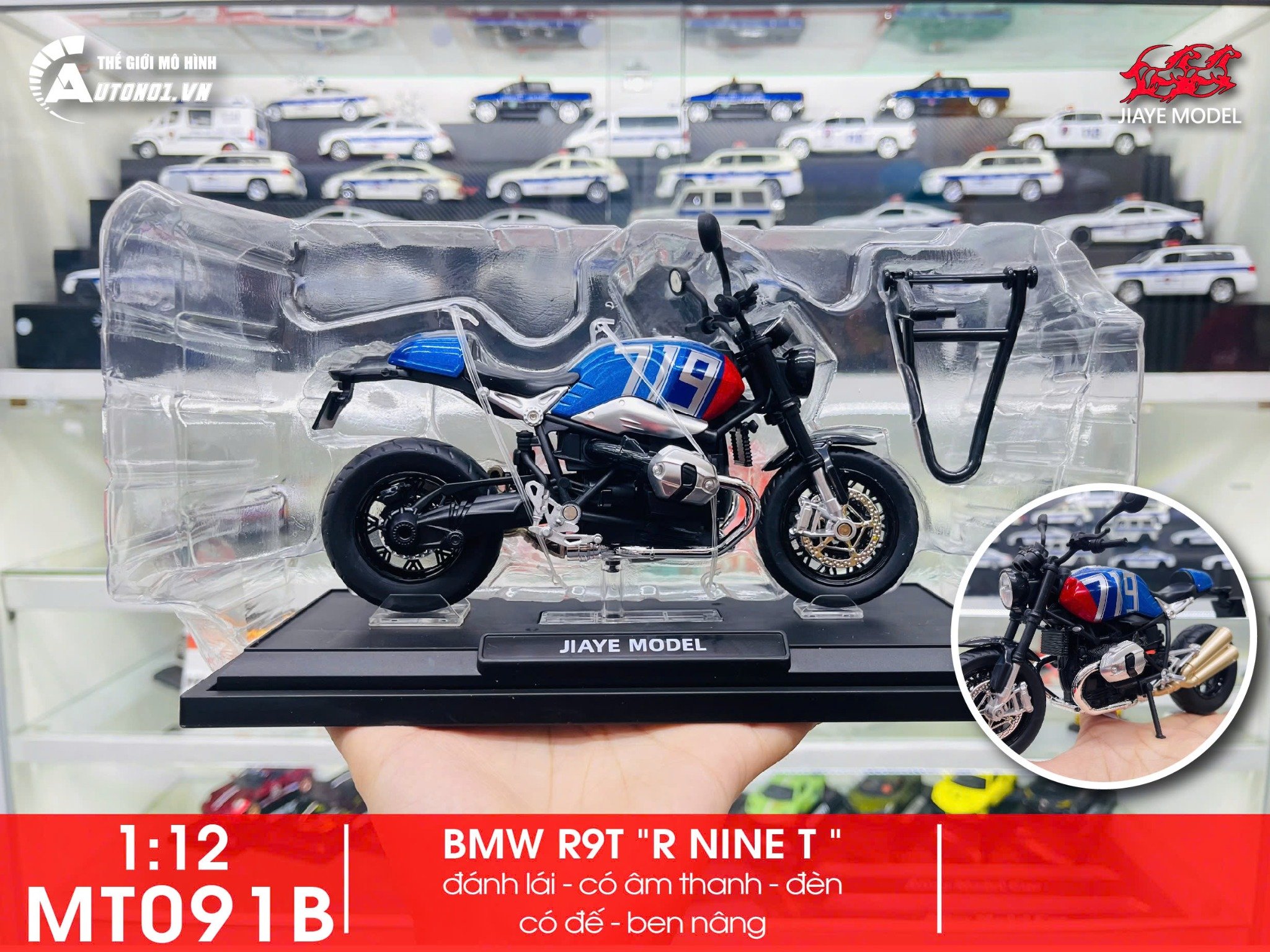  Mô hình xe BMW R9T R nine T có đế-ben nâng tỉ lệ 1:12 Jiaye Model MT091 