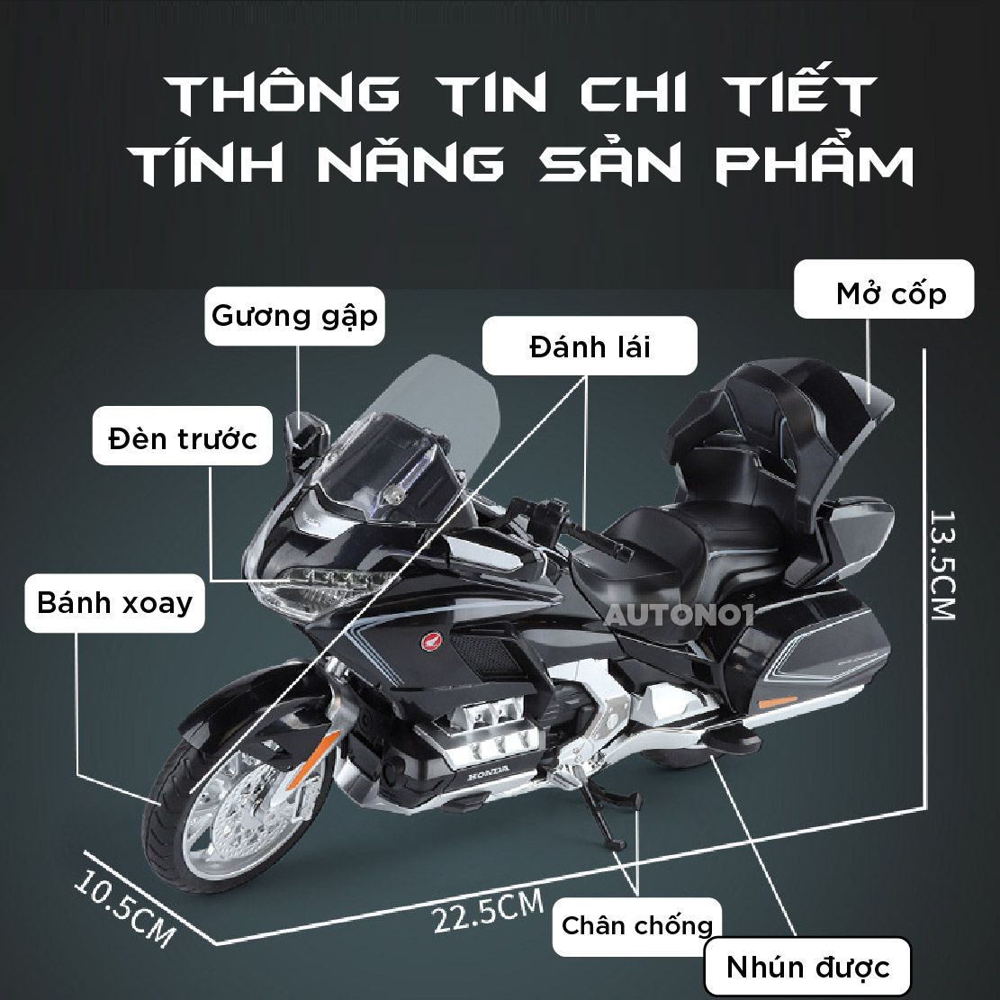  Mô hình xe Honda Goldwing GL800 2021 có đèn - âm thanh tỉ lệ 1:12 Alloy Model MT12012 