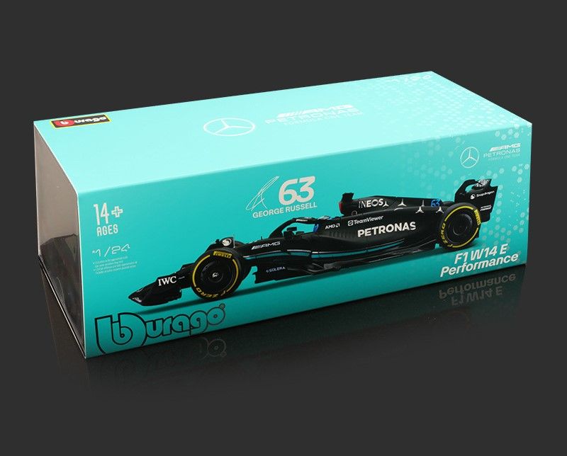  Mô hình xe đua F1 Formula Mercedes Benz Petronas 2023 W14 hộp mica có figure tỉ lệ 1:24 Bburago OT328 