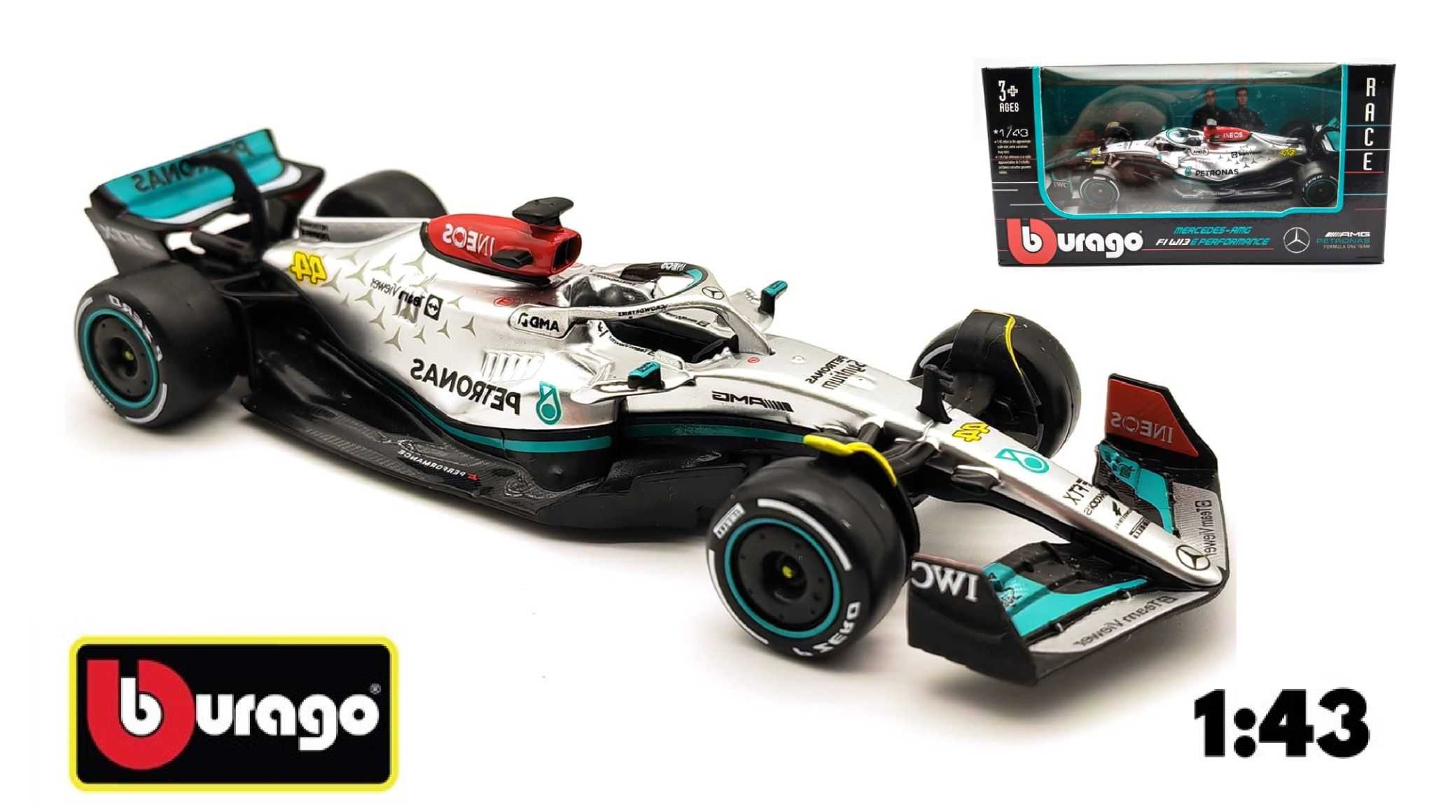  Mô hình xe đua F1 Mercedes AMG Petronas F1 W13 2022 #63 Hybrid 1:43 Bburago OT003 