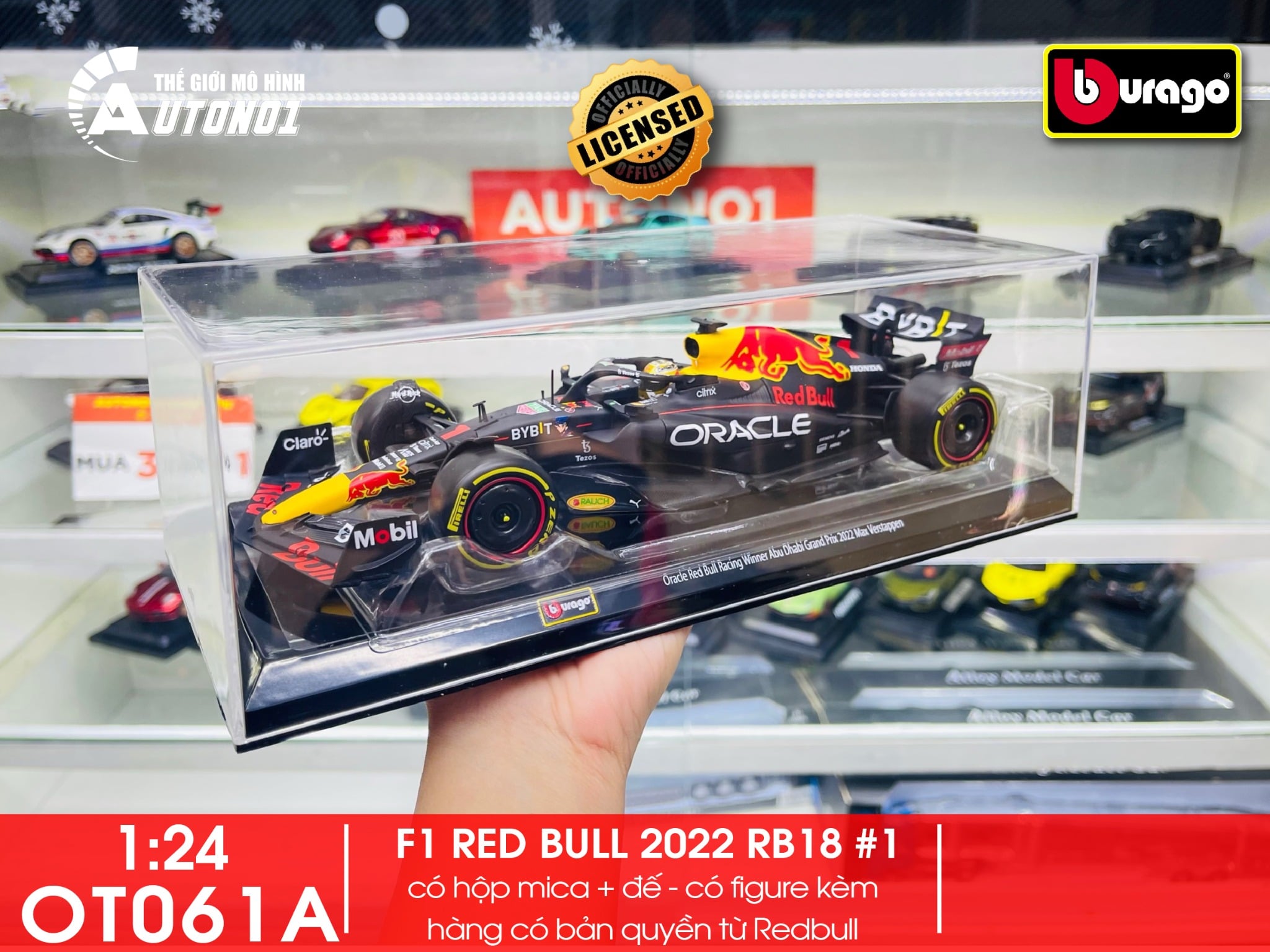  Mô hình xe đua F1 Oracle Red Bull racing 2022 RB18 hộp mica có figure 1:24 Bburago OT061 