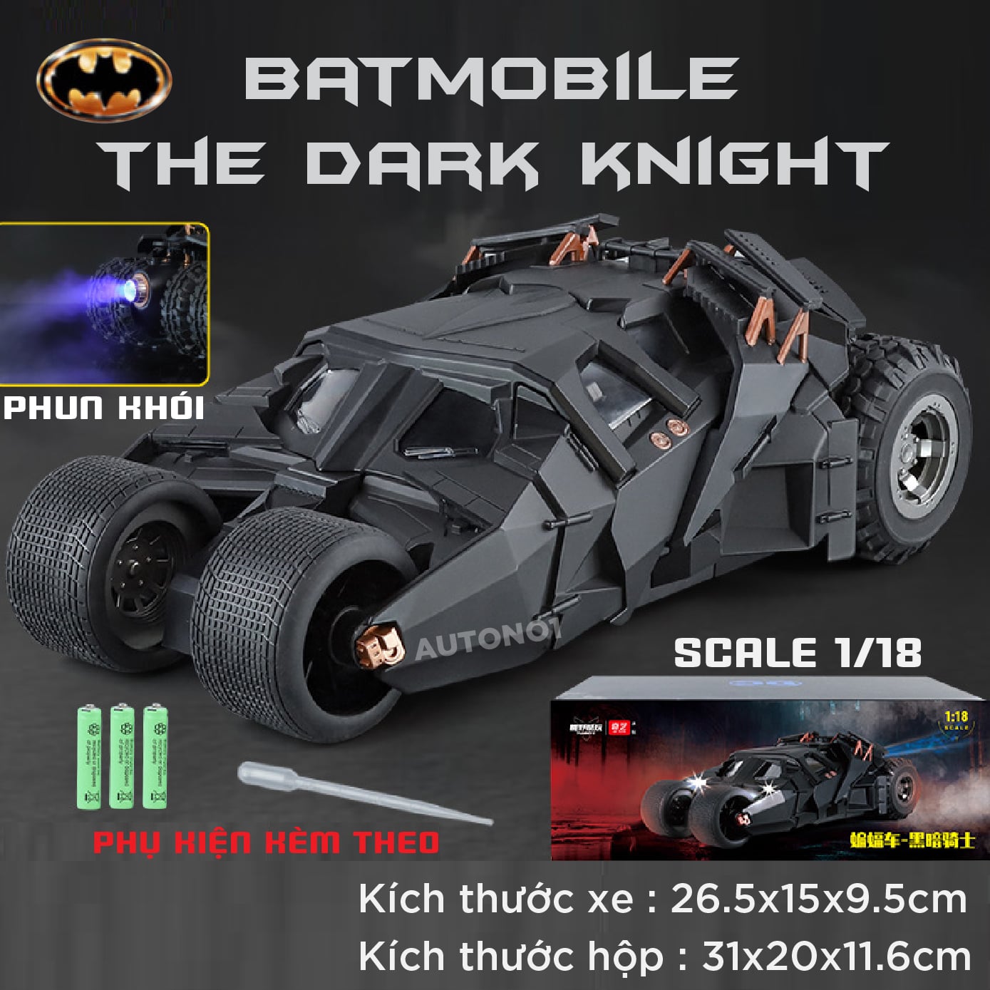  Mô hình xe Batman Batmobile The Dark Knight Tumbler phun khói - có đèn - âm thanh tỉ lệ 1:18 Alloy Model OT18005 