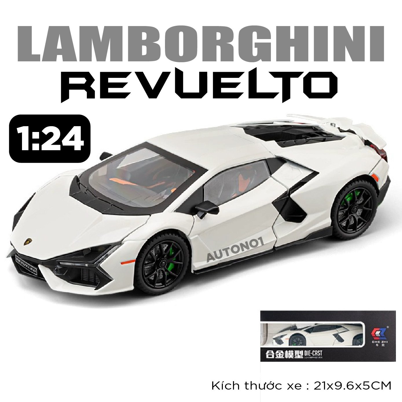  Mô hình xe Lamborghini Revuelto full kính - đánh lái - full open tỉ lệ 1:24 Chezhi OT24001 