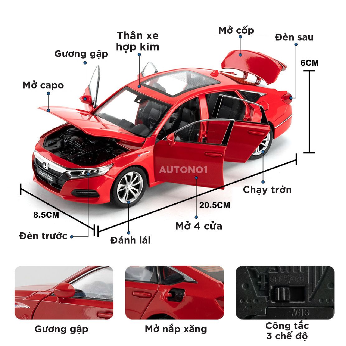  Mô hình xe Honda Accord Sport Hybrid full open - có đèn - âm thanh tỉ lệ 1:24 Alloy Model OT24031 