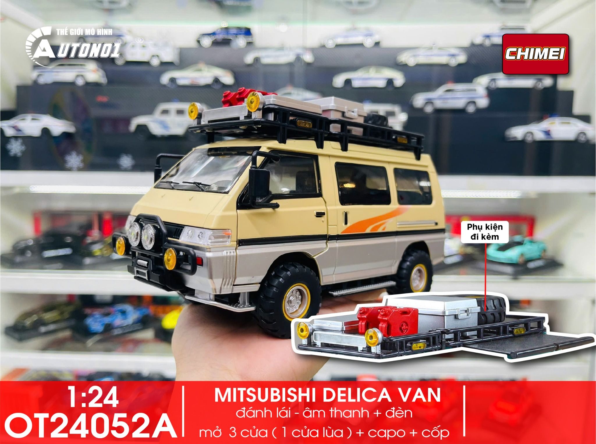  Mô hình xe Mitsubishi Delica Van Guide Offroad full open - có phụ kiện tỉ lệ 1:24 Chimei Model OT24052 