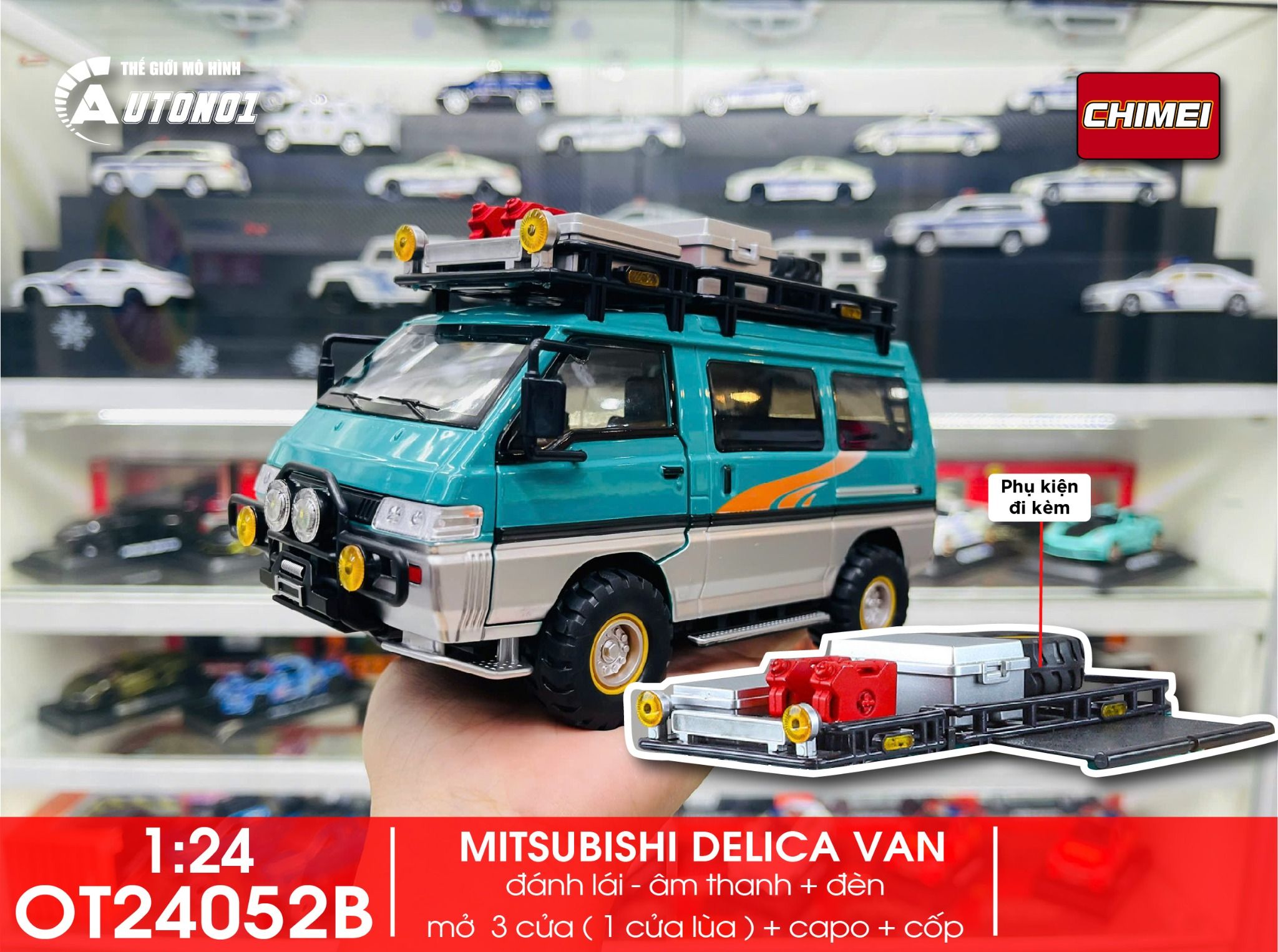  Mô hình xe Mitsubishi Delica Van Guide Offroad full open - có phụ kiện tỉ lệ 1:24 Chimei Model OT24052 