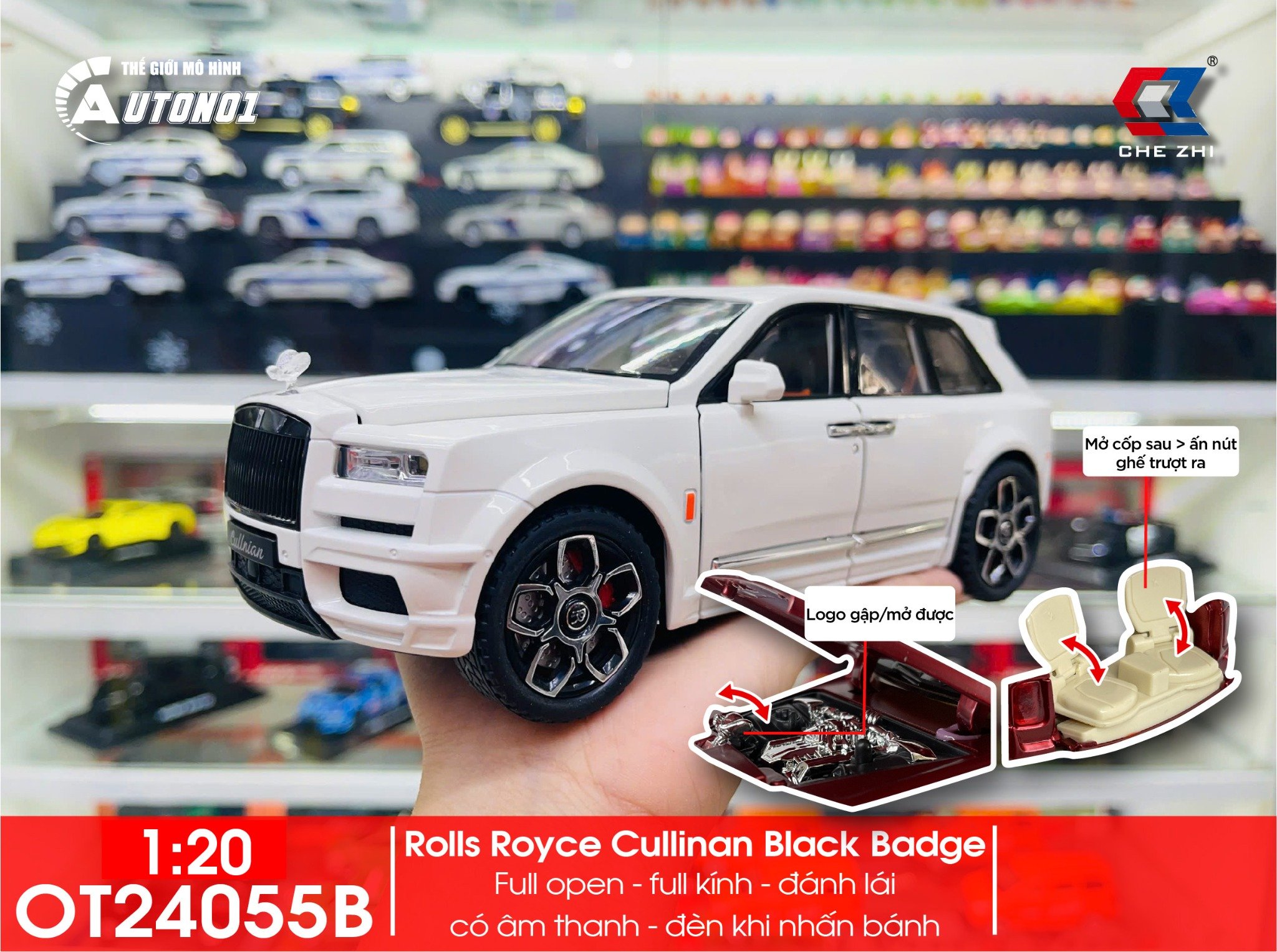  Mô hình xe Rolls Royce Cullinan Black Badge BB có đèn full open tỉ lệ 1:20 1:24 Chezhi Model OT24055 