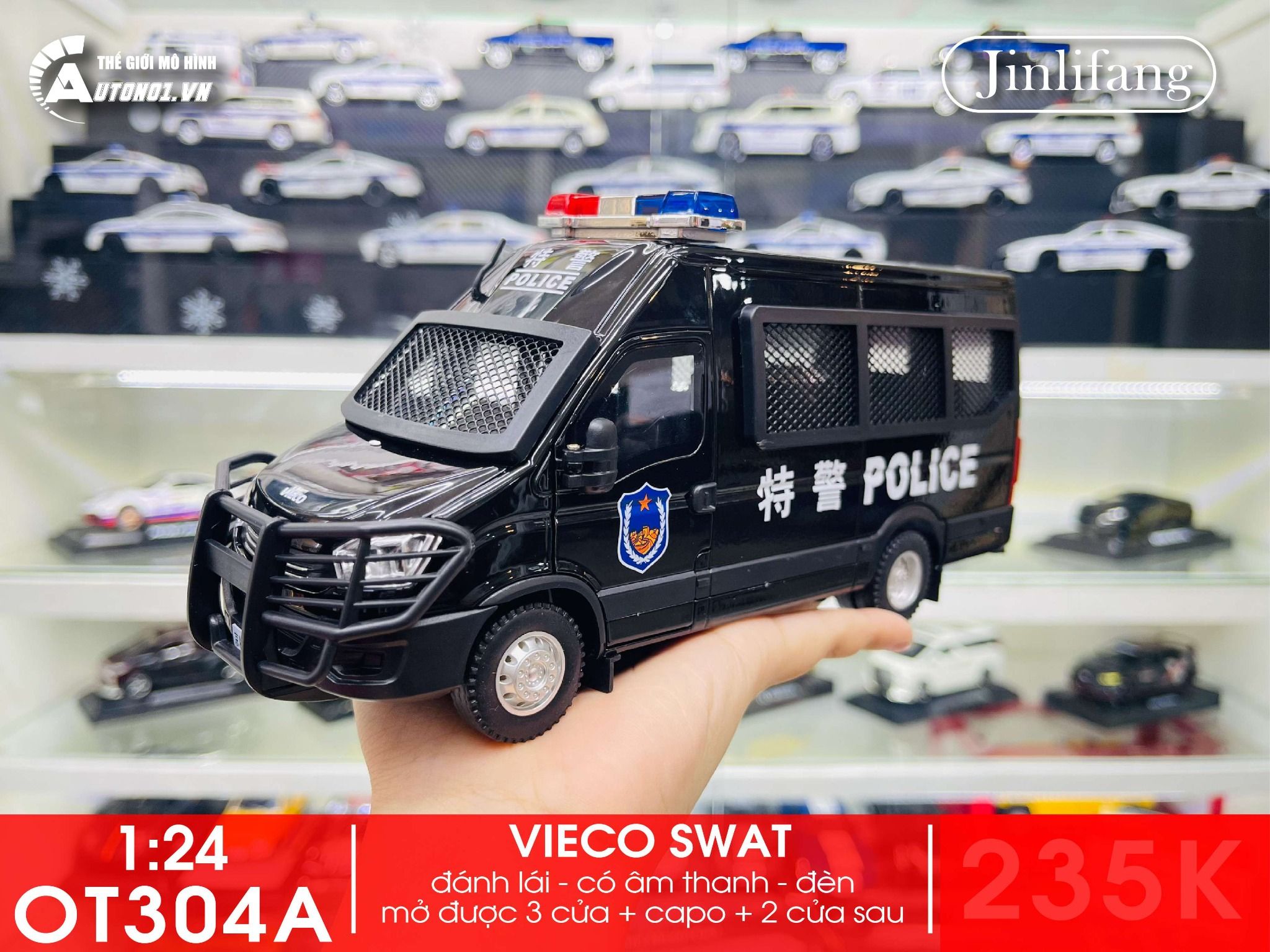  Mô hình xe ô tô cảnh sát Vieco đánh lái được - có âm thanh, đèn tỉ lệ 1:24 Jinlifang OT304 