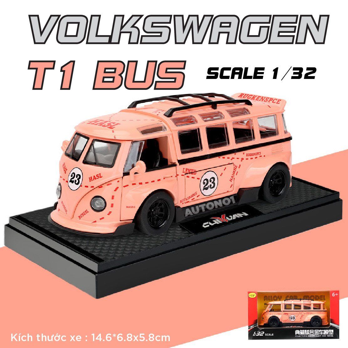  Mô hình xe VolksWagen T1 Bus Widebody full open - có đèn - âm thanh tỉ lệ 1:32 Alloy Model OT32018 