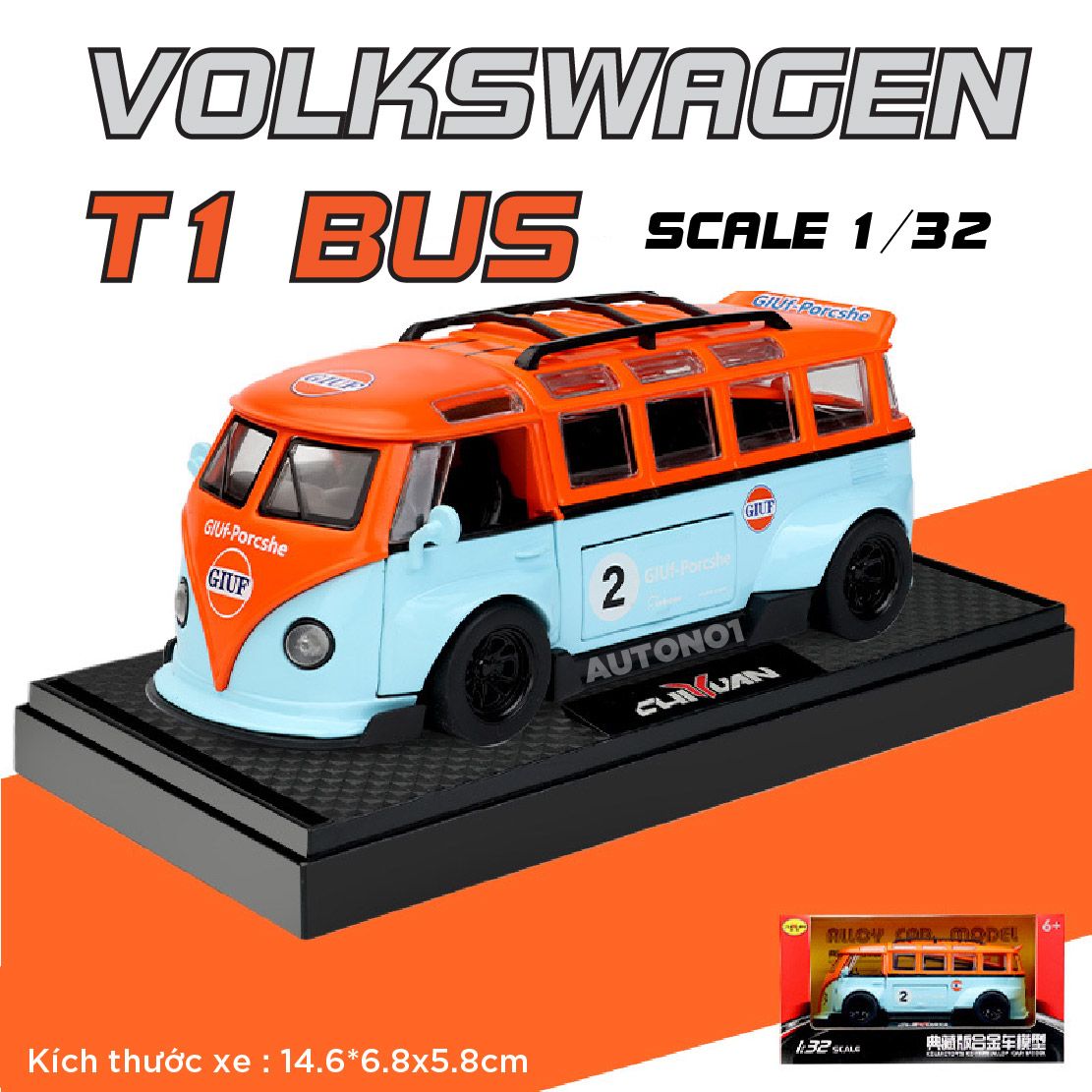  Mô hình xe VolksWagen T1 Bus Widebody full open - có đèn - âm thanh tỉ lệ 1:32 Alloy Model OT32018 