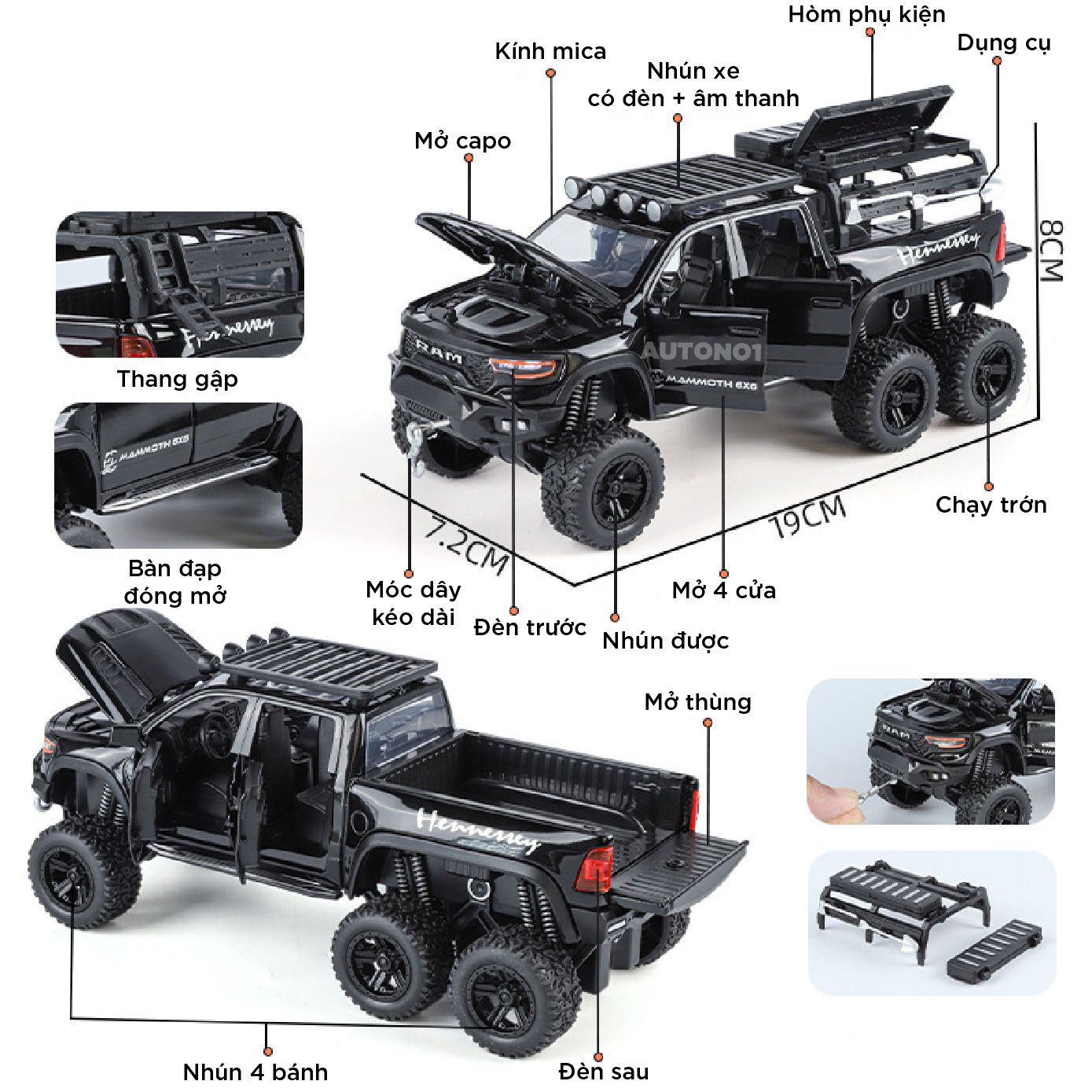  Mô hình xe Hennessey Mammoth RAM 6X6 Offroad tỉ lệ 1:32 Alloy Model OT32021 