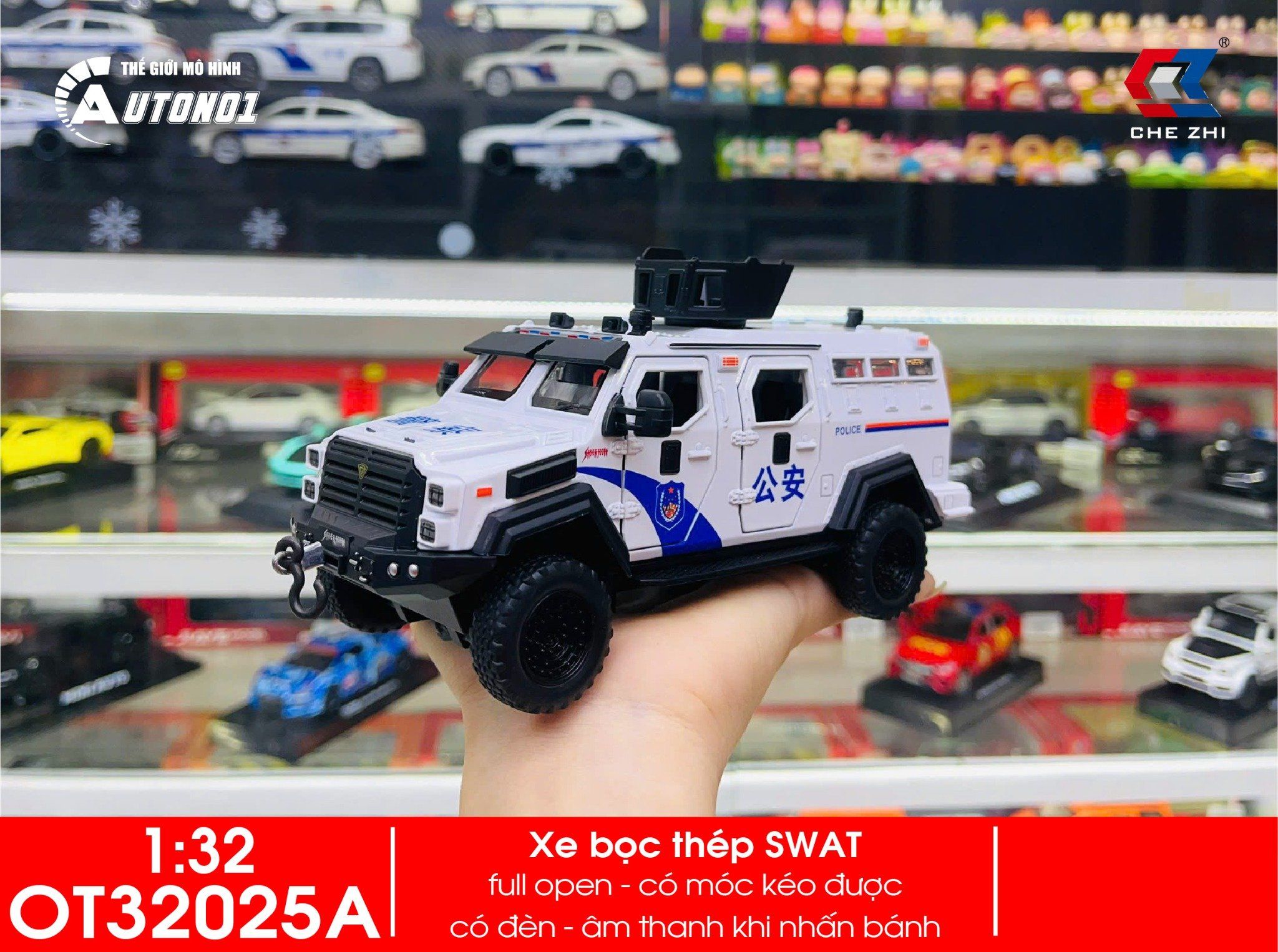  Mô hình xe cảnh sát bọc thép SWAT có đèn có âm thanh tỉ lệ 1:32 Chezhi OT32025 