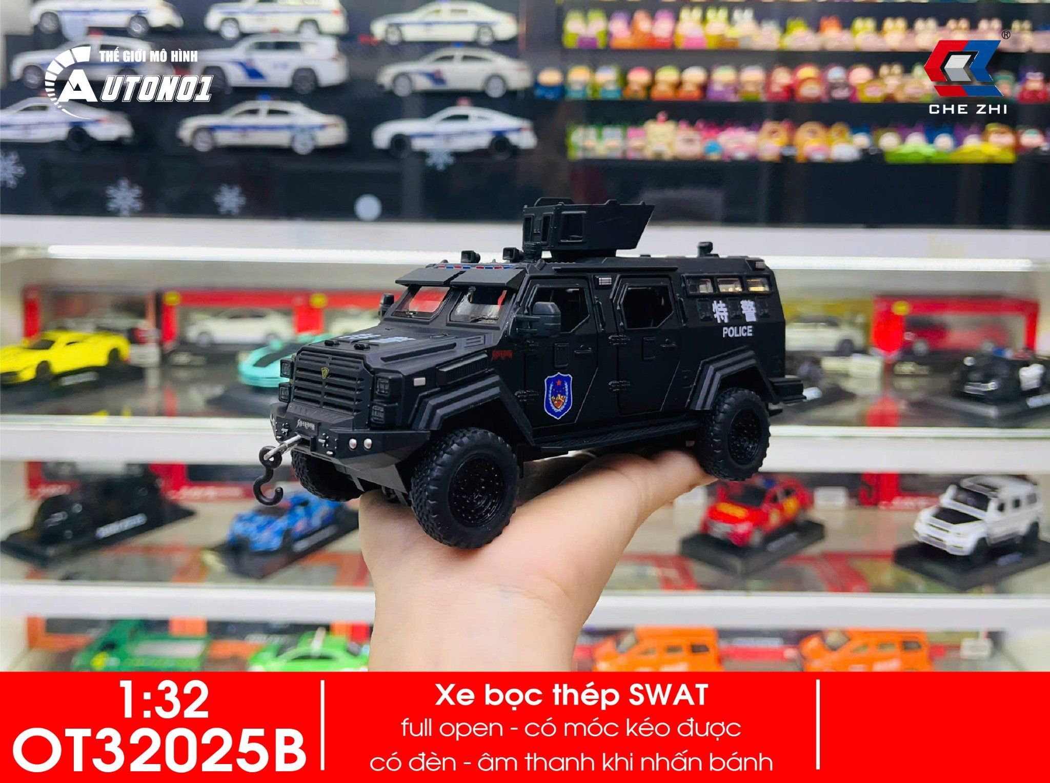  Mô hình xe cảnh sát bọc thép SWAT có đèn có âm thanh tỉ lệ 1:32 Chezhi OT32025 