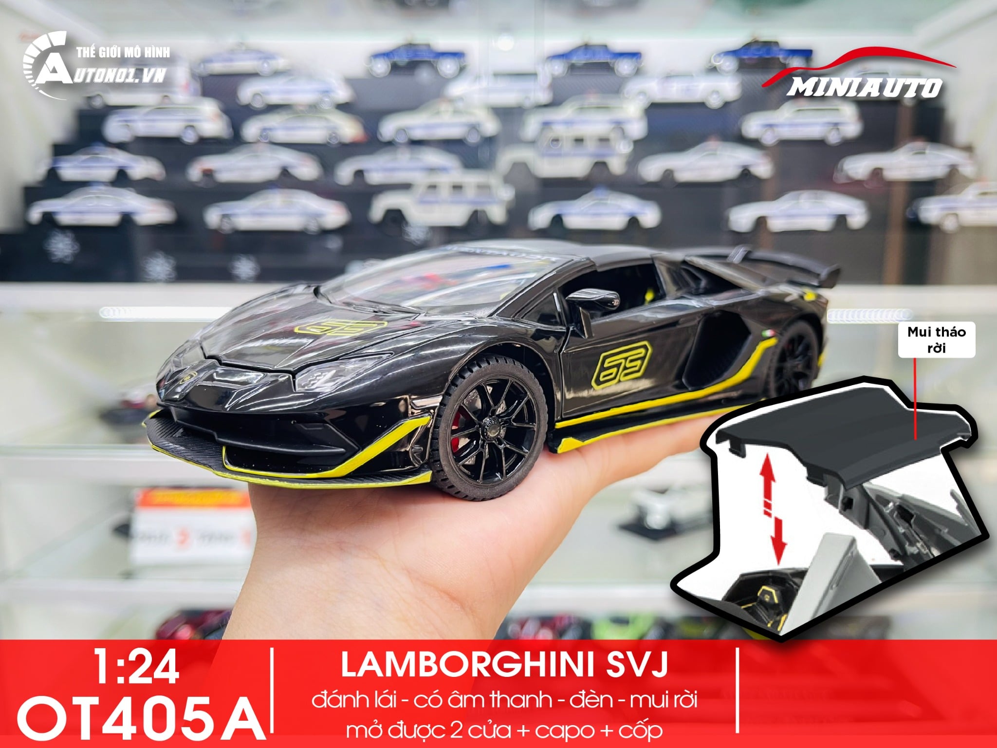  Mô hình xe Lamborghini Aventador Svj63 đánh lái được full open, mui xe có thể tháo rời 1:24 Miniauto DC24301 