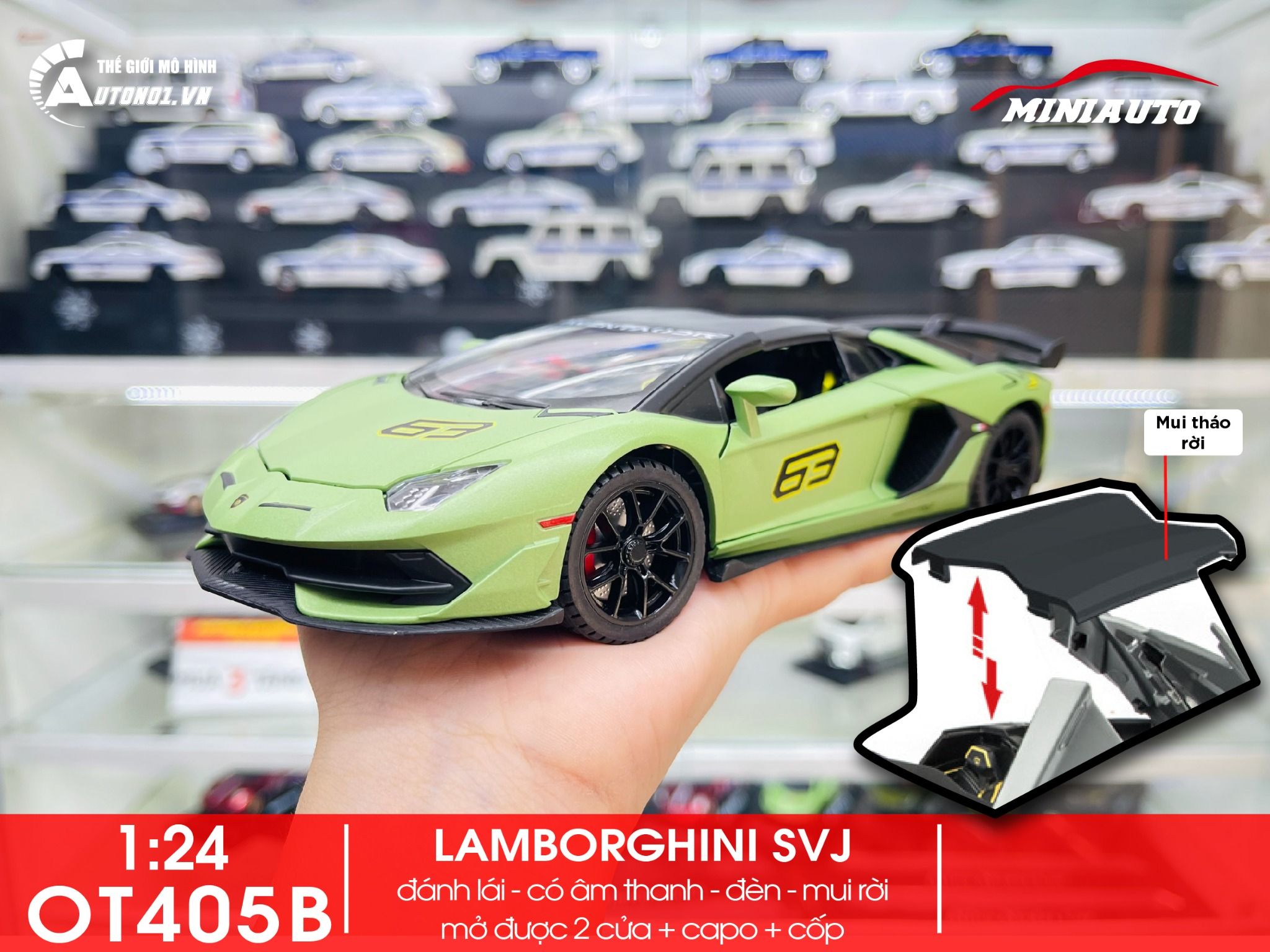  Mô hình xe Lamborghini Aventador Svj63 đánh lái được full open, mui xe có thể tháo rời 1:24 Miniauto DC24301 