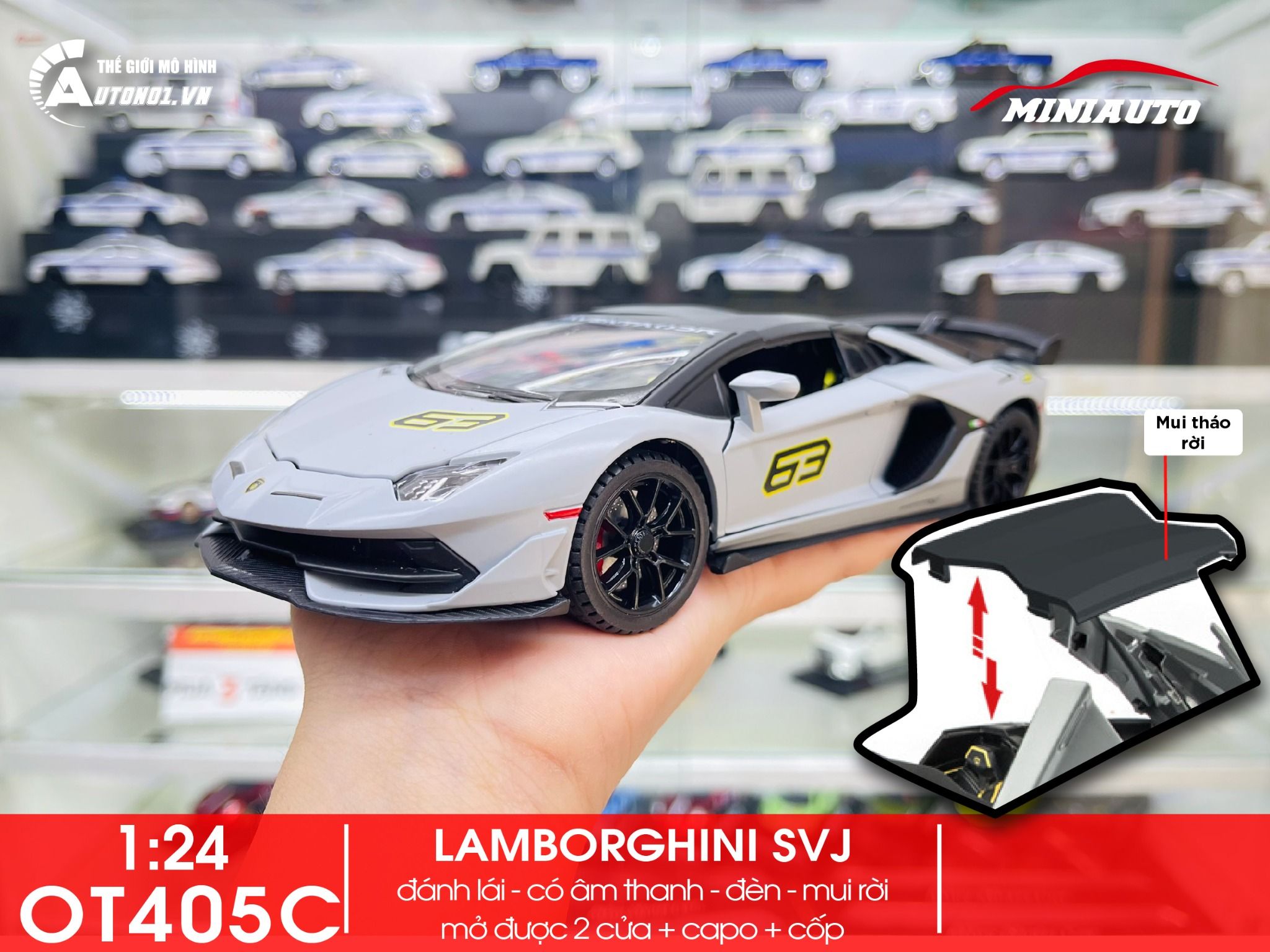  Mô hình xe Lamborghini Aventador Svj63 đánh lái được full open, mui xe có thể tháo rời 1:24 Miniauto DC24301 