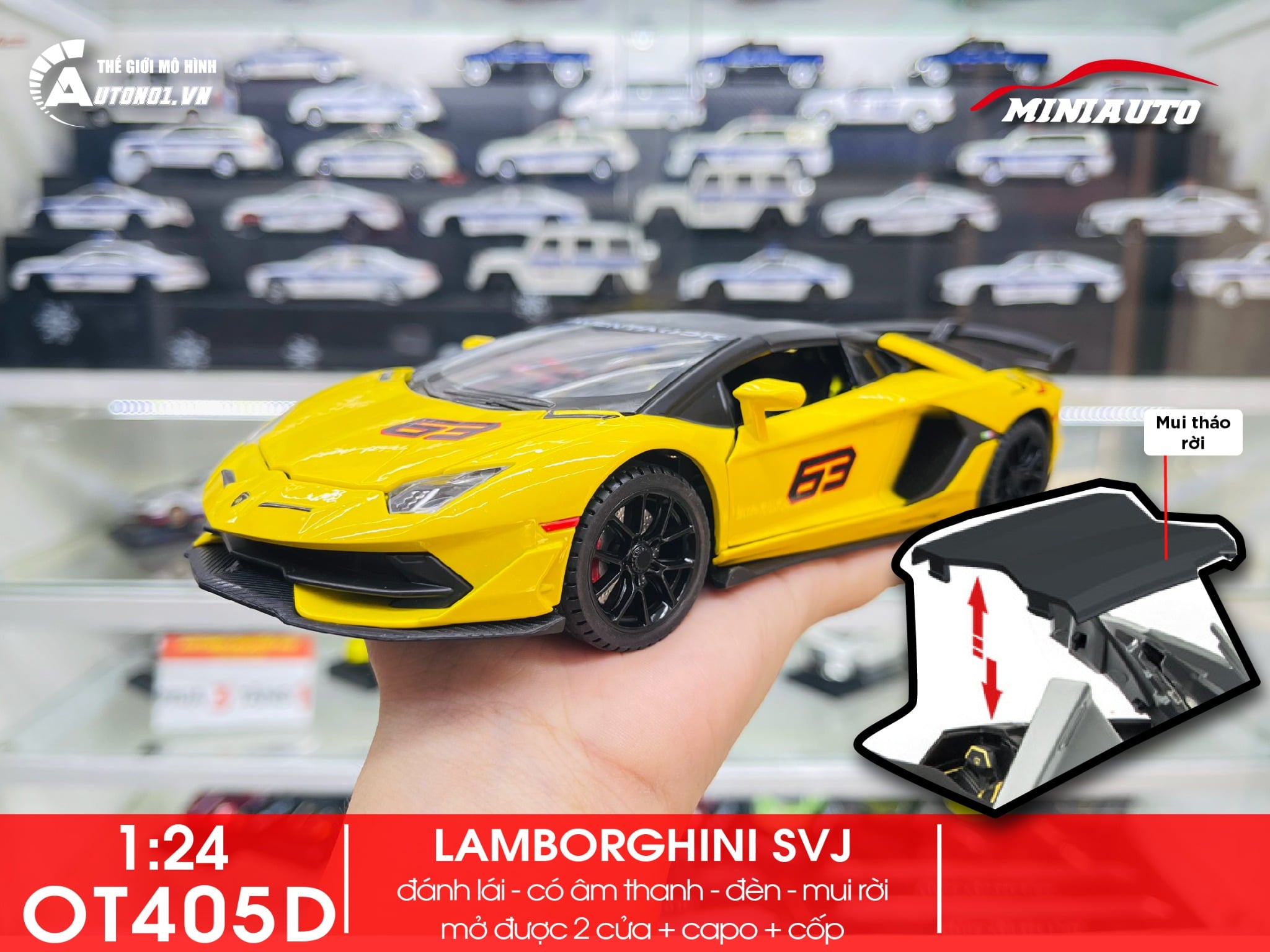  Mô hình xe Lamborghini Aventador Svj63 đánh lái được full open, mui xe có thể tháo rời 1:24 Miniauto DC24301 