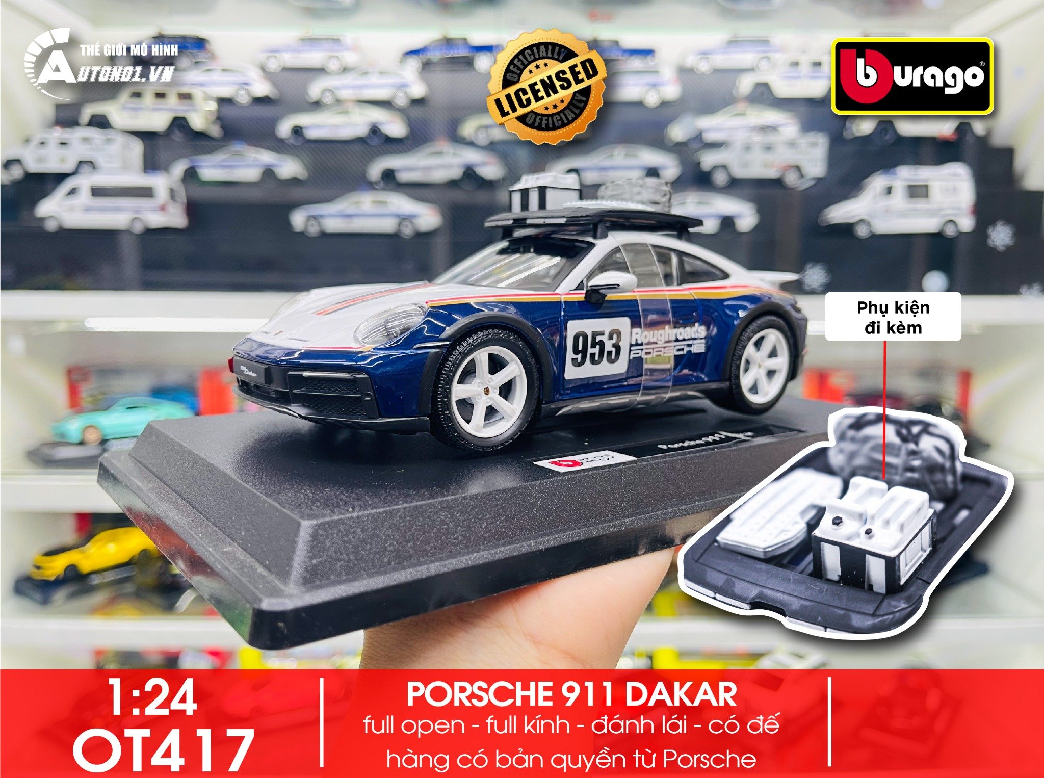  Mô hình xe Porsche 911 Dakar full open có phụ kiện tỉ lệ 1:24 Bburago 18-28029 OT417 