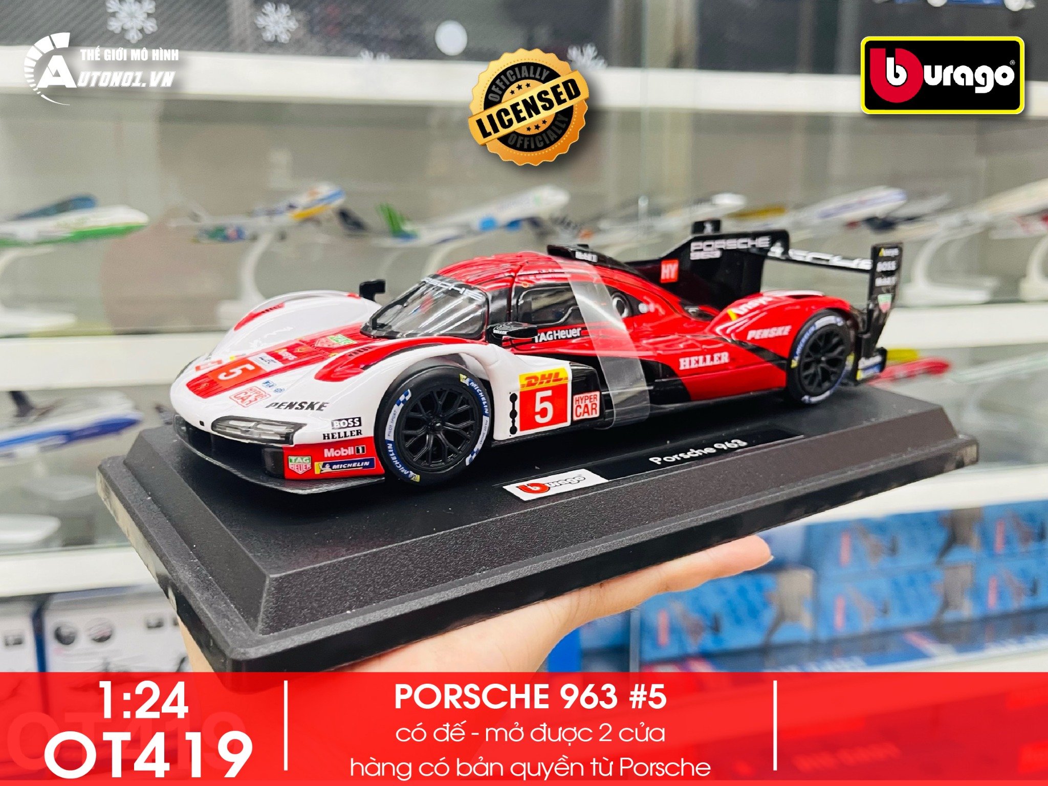 Mô hình xe Porsche 963 có đế 1:24 Bburago có bản quyền chính hãng 18-28022 OT419 