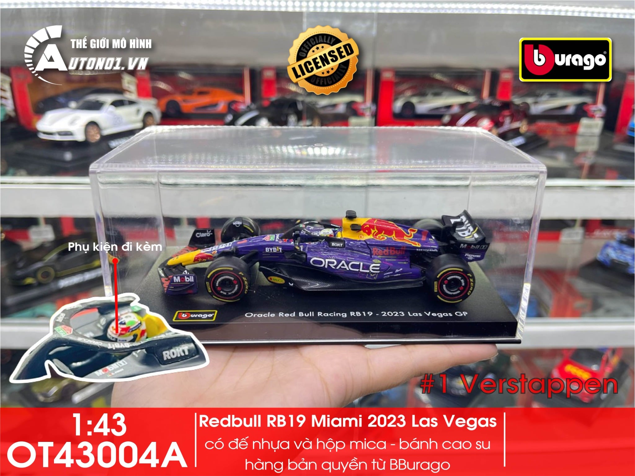  Mô hình xe đua F1 Formula Honda Redbull RB19 Miami 2023 Las Vegas hộp mica có figure tỉ lệ 1:43 Bburago OT43004 