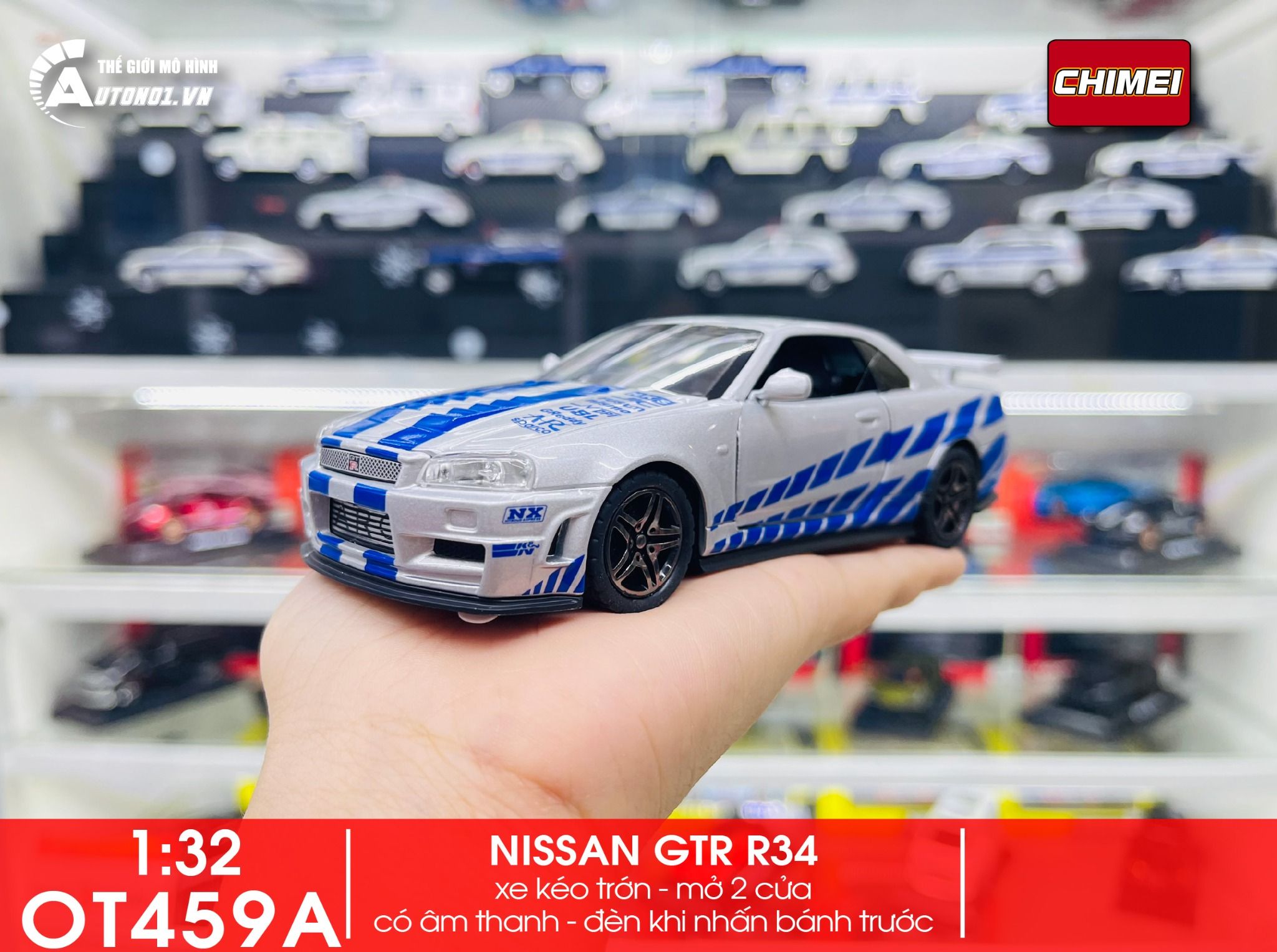  Mô hình xe Nissan GT-R R34 có âm thanh - đèn - full open tỉ lệ 1:32 Chimei model OT459 