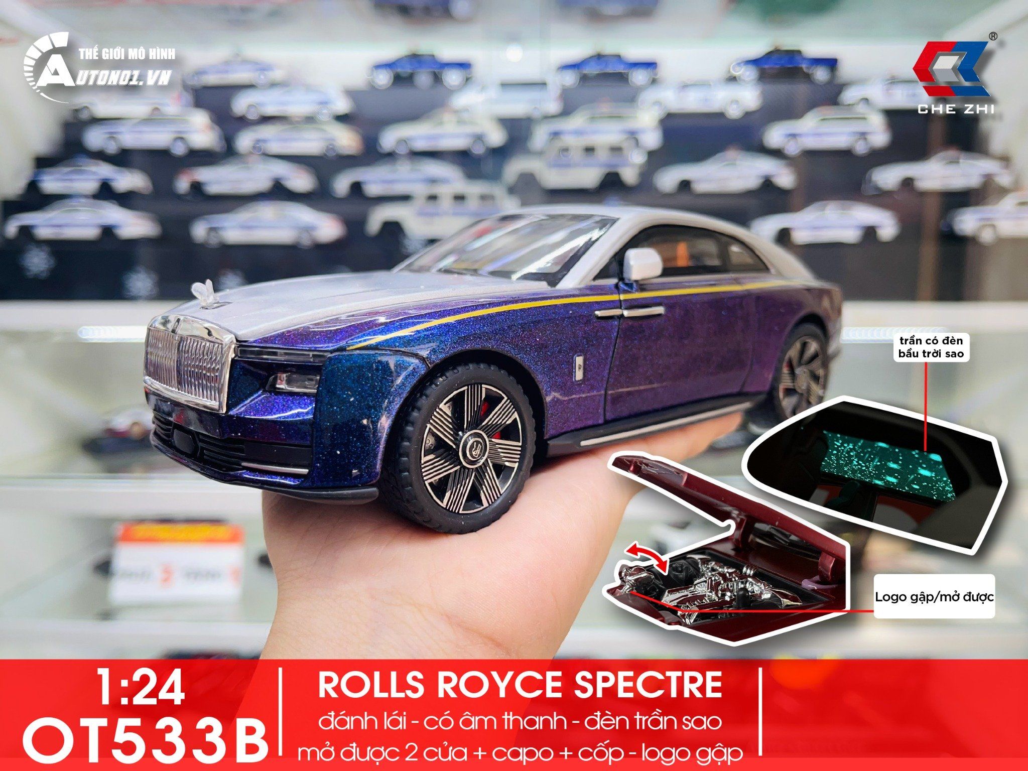  Mô hình xe Rolls Royce Spectre full open - có đèn - âm thanh tỉ lệ 1:24 Chezhi OT533 