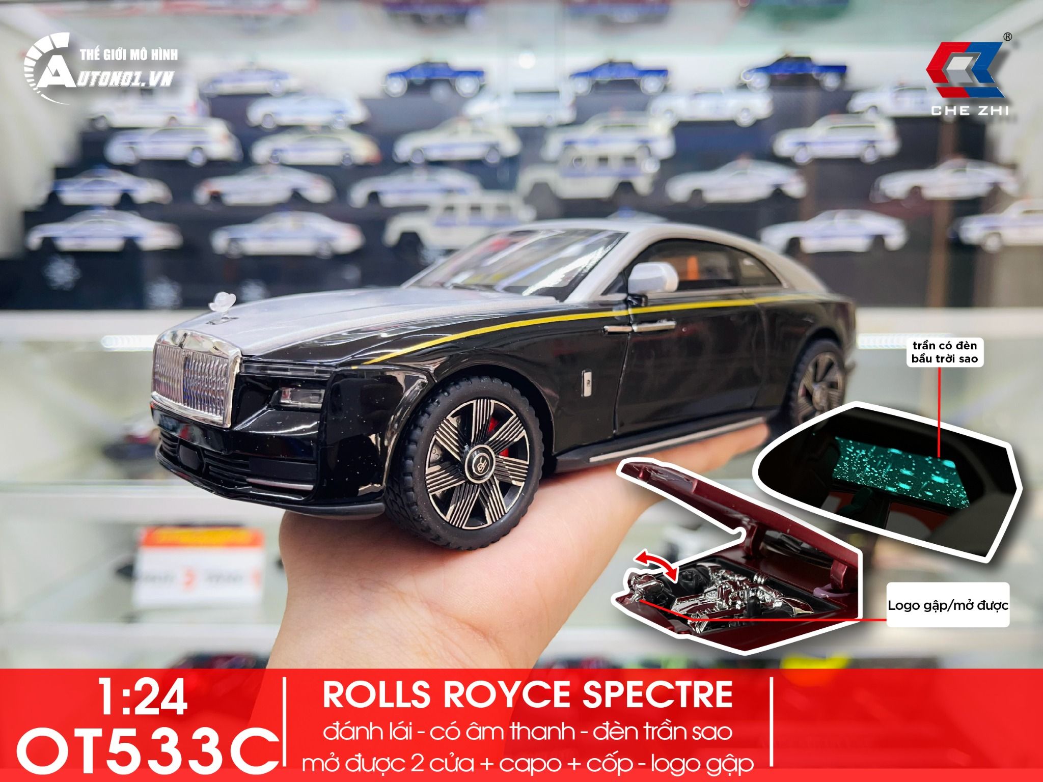  Mô hình xe Rolls Royce Spectre full open - có đèn - âm thanh tỉ lệ 1:24 Chezhi OT533 