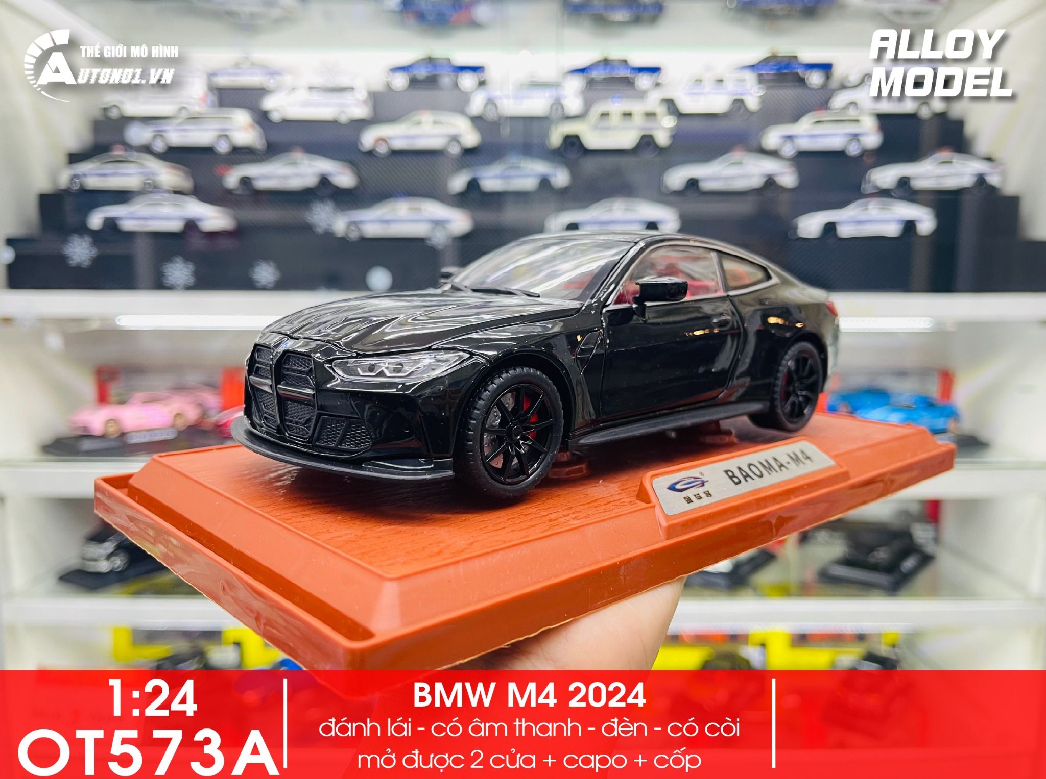  Mô hình xe BMW M4 2024 full open - đánh lái - có đèn - âm thanh full kính tỉ lệ 1:24 Alloy model OT573 