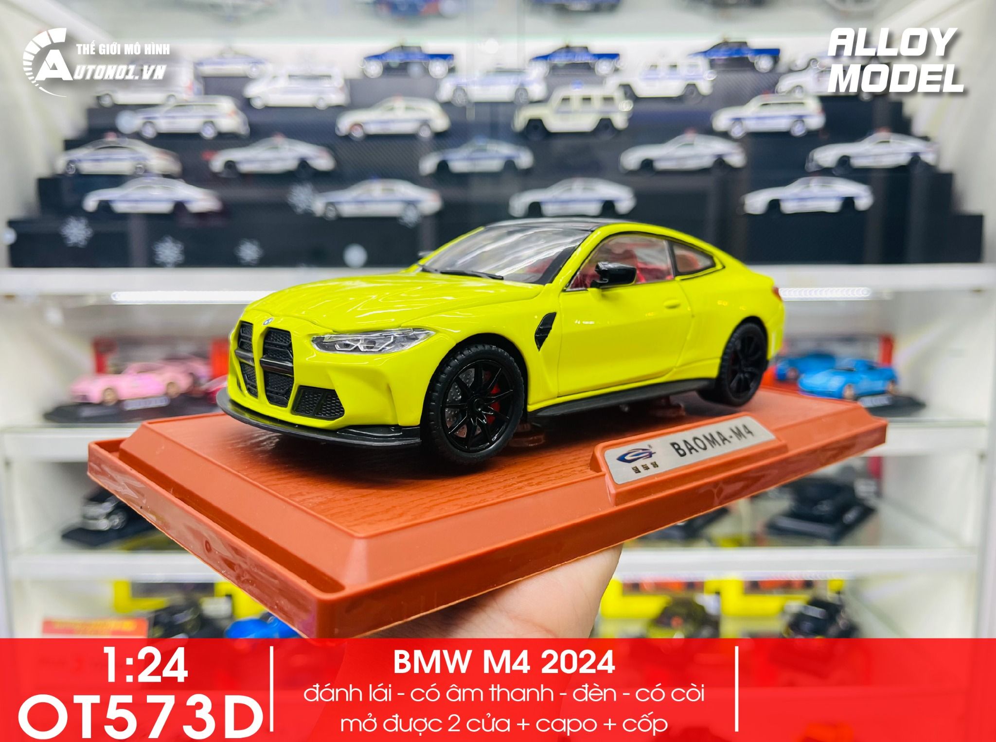  Mô hình xe BMW M4 2024 full open - đánh lái - có đèn - âm thanh full kính tỉ lệ 1:24 Alloy model OT573 