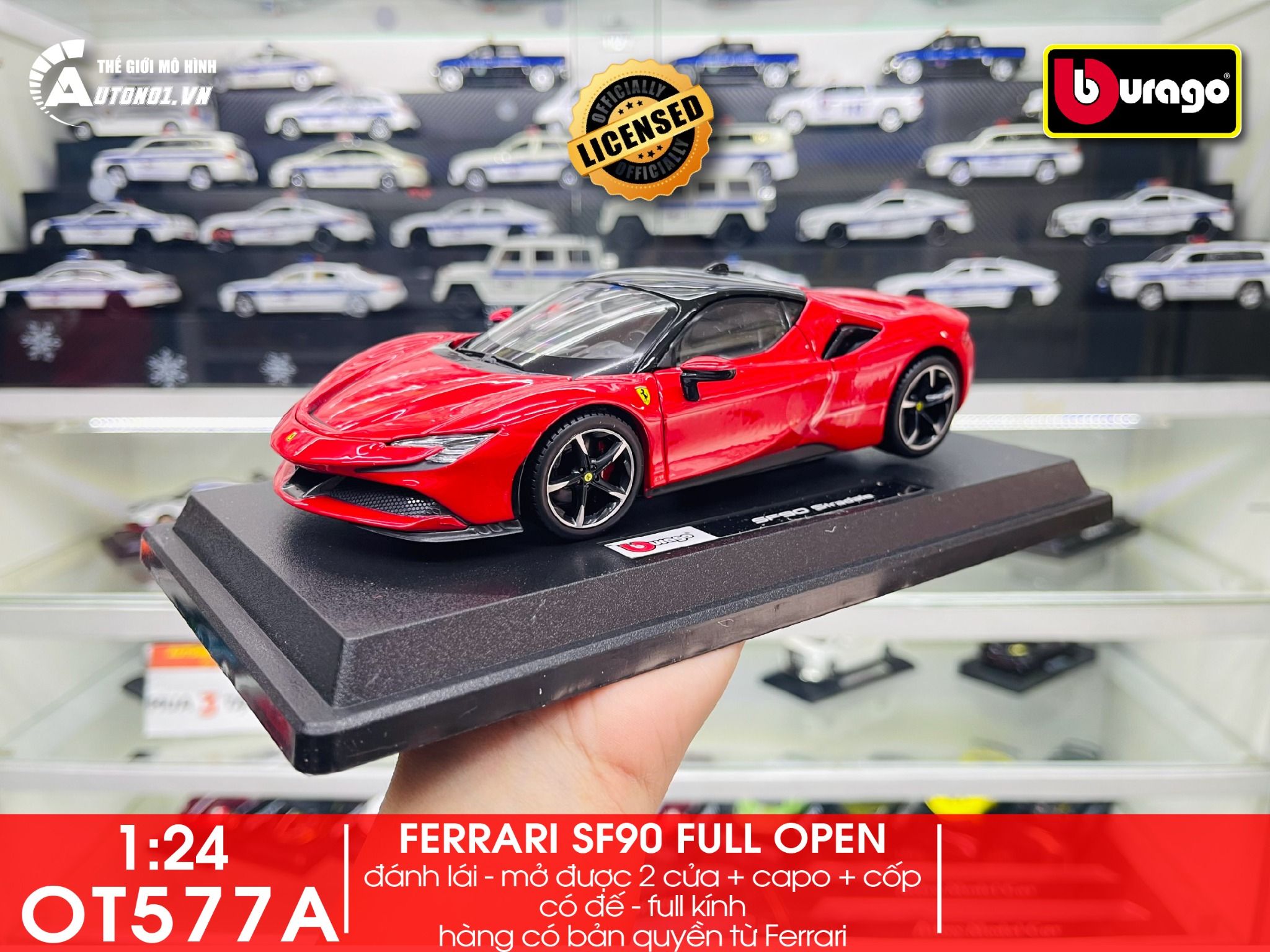  Mô hình xe Ferrari Sf90 Stradale đánh lái được full open 1:24 Bburago OT577 