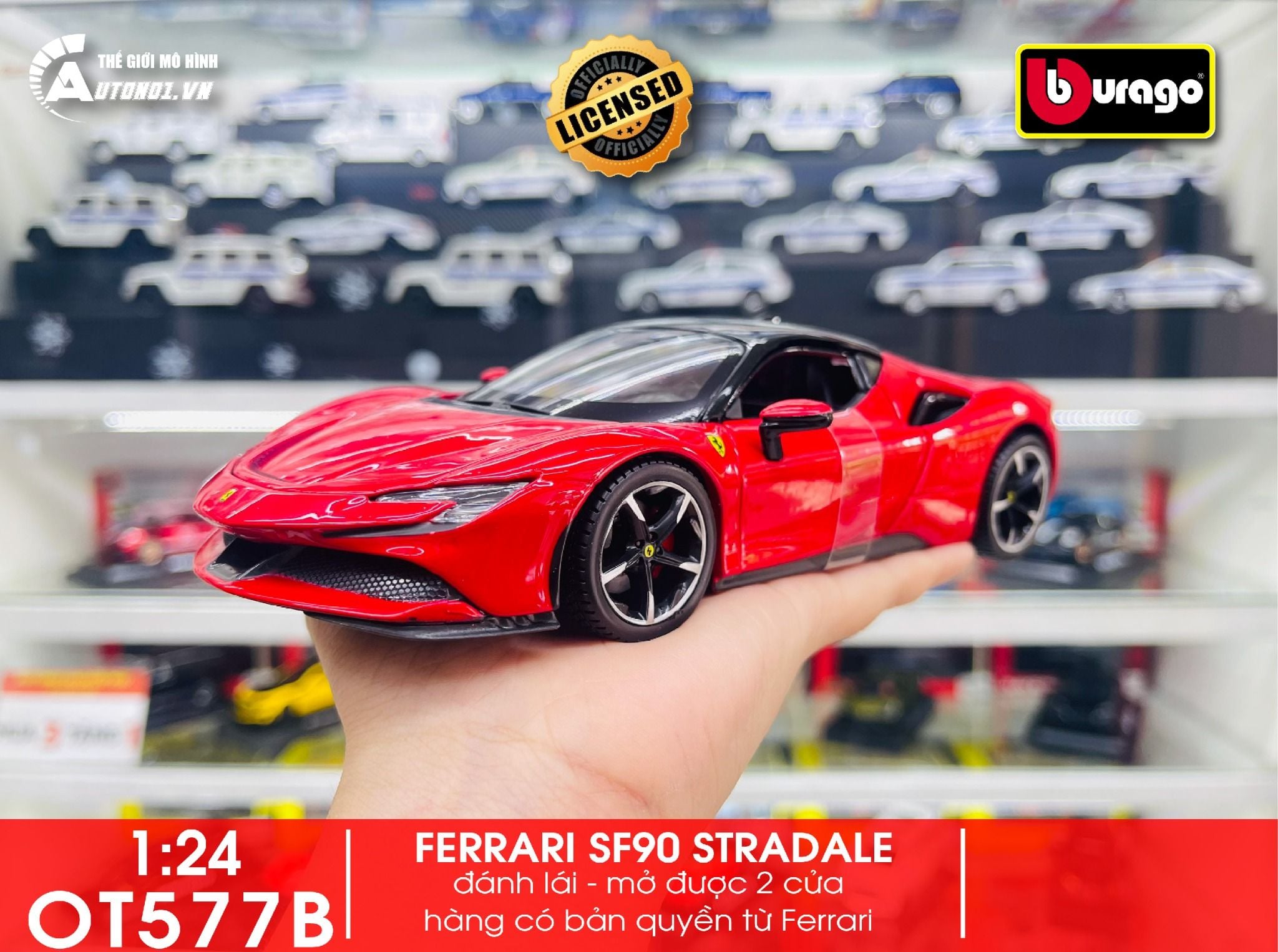  Mô hình xe Ferrari Sf90 Stradale đánh lái được full open 1:24 Bburago OT577 