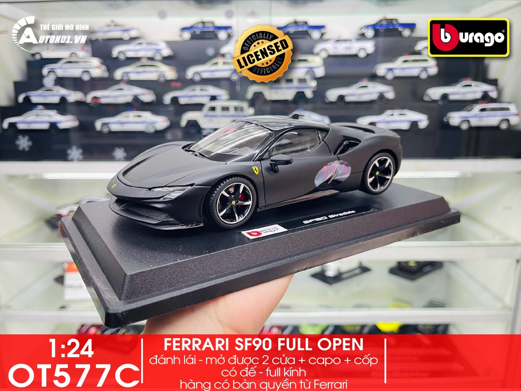  Mô hình xe Ferrari Sf90 Stradale đánh lái được full open 1:24 Bburago OT577 