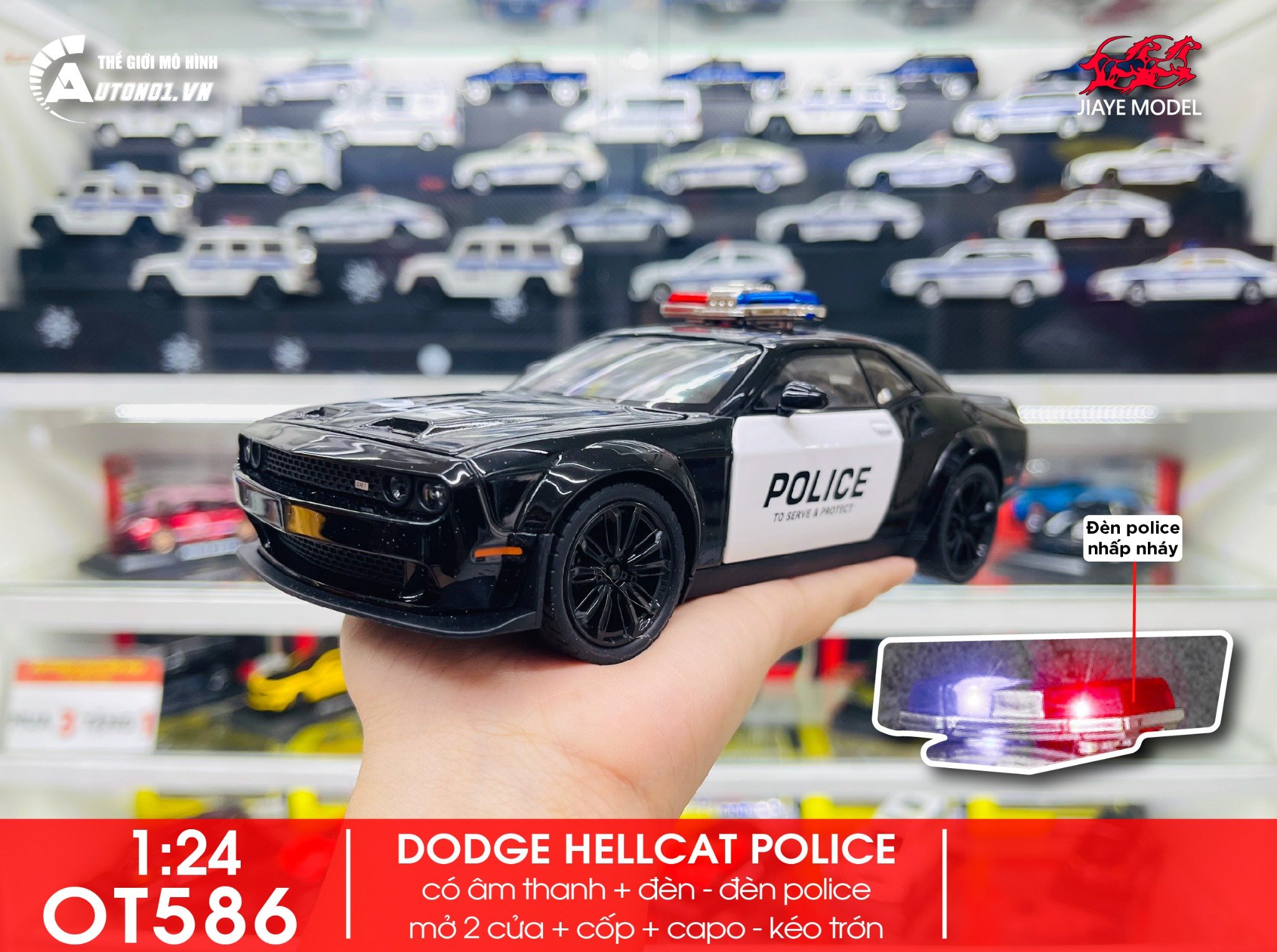  Mô hình xe Dodge Challenger SRT Hellcat Police full open tỉ lệ 1:22 Jiaye Model OT586 