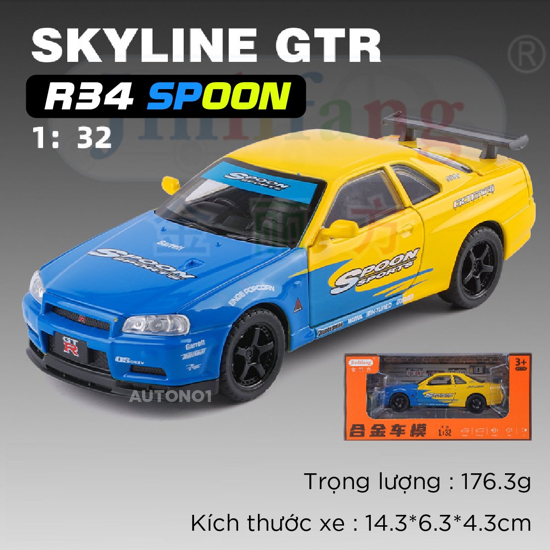  Mô hình xe Nissan GT-R R34 phiên bản racing full open tỉ lệ 1:32 JinliFang OT589 