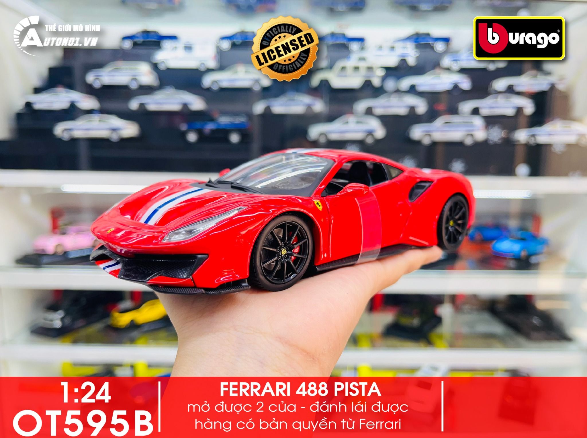  Mô hình xe Ferrari 488 Pista Red đánh lái được phiên bản có đế 1:24 Bburago 5836 