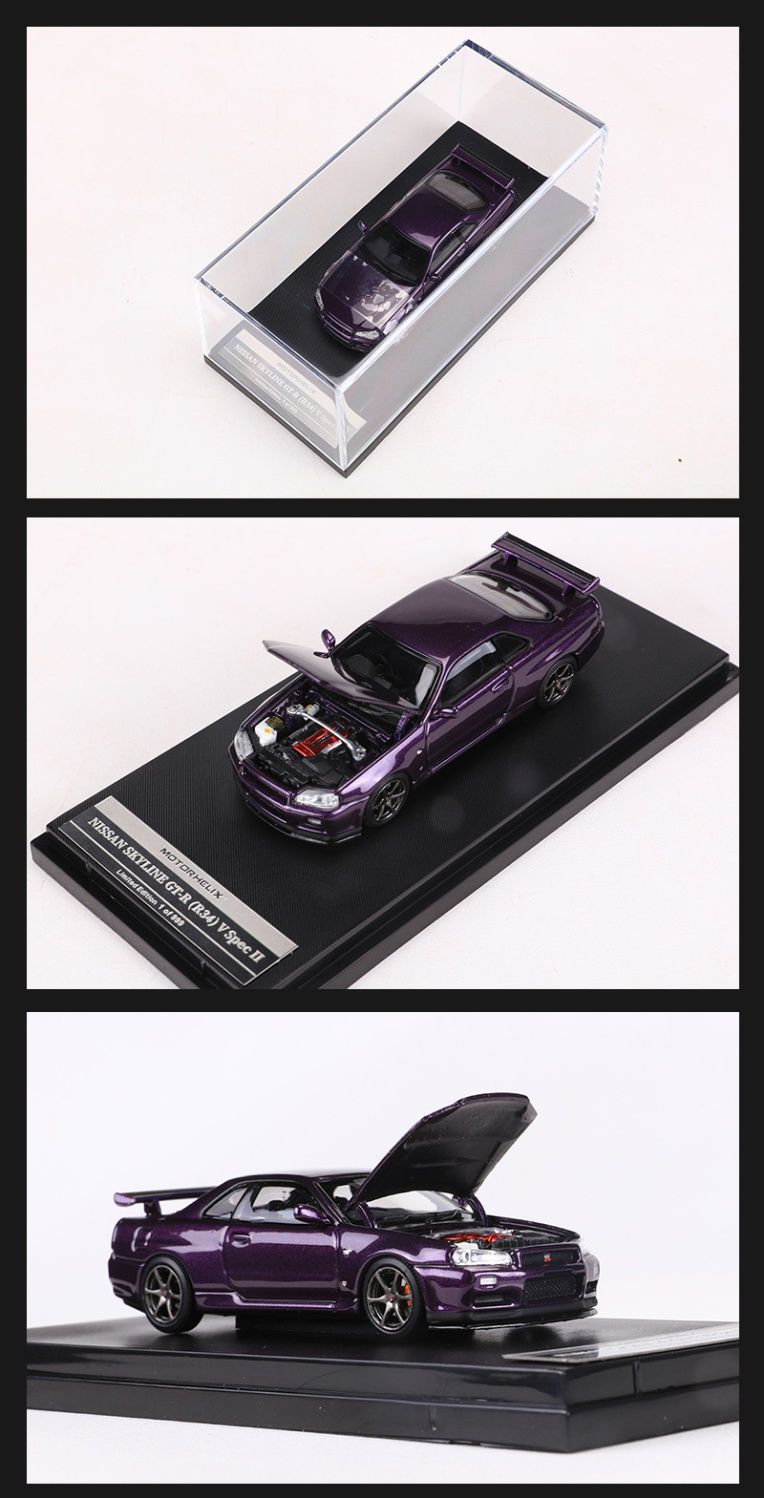  Mô hình xe Nissan Skyline GT-R R34 có hộp mica tỉ lệ 1:64 Motorhelix MH-R34-2 