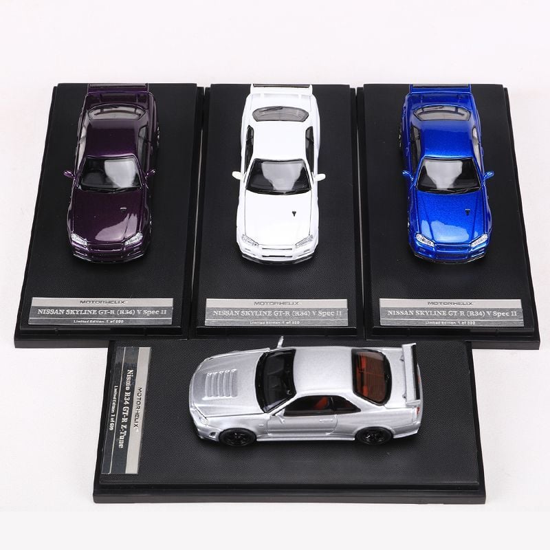  Mô hình xe Nissan Skyline GT-R R34 có hộp mica tỉ lệ 1:64 Motorhelix MH-R34-2 