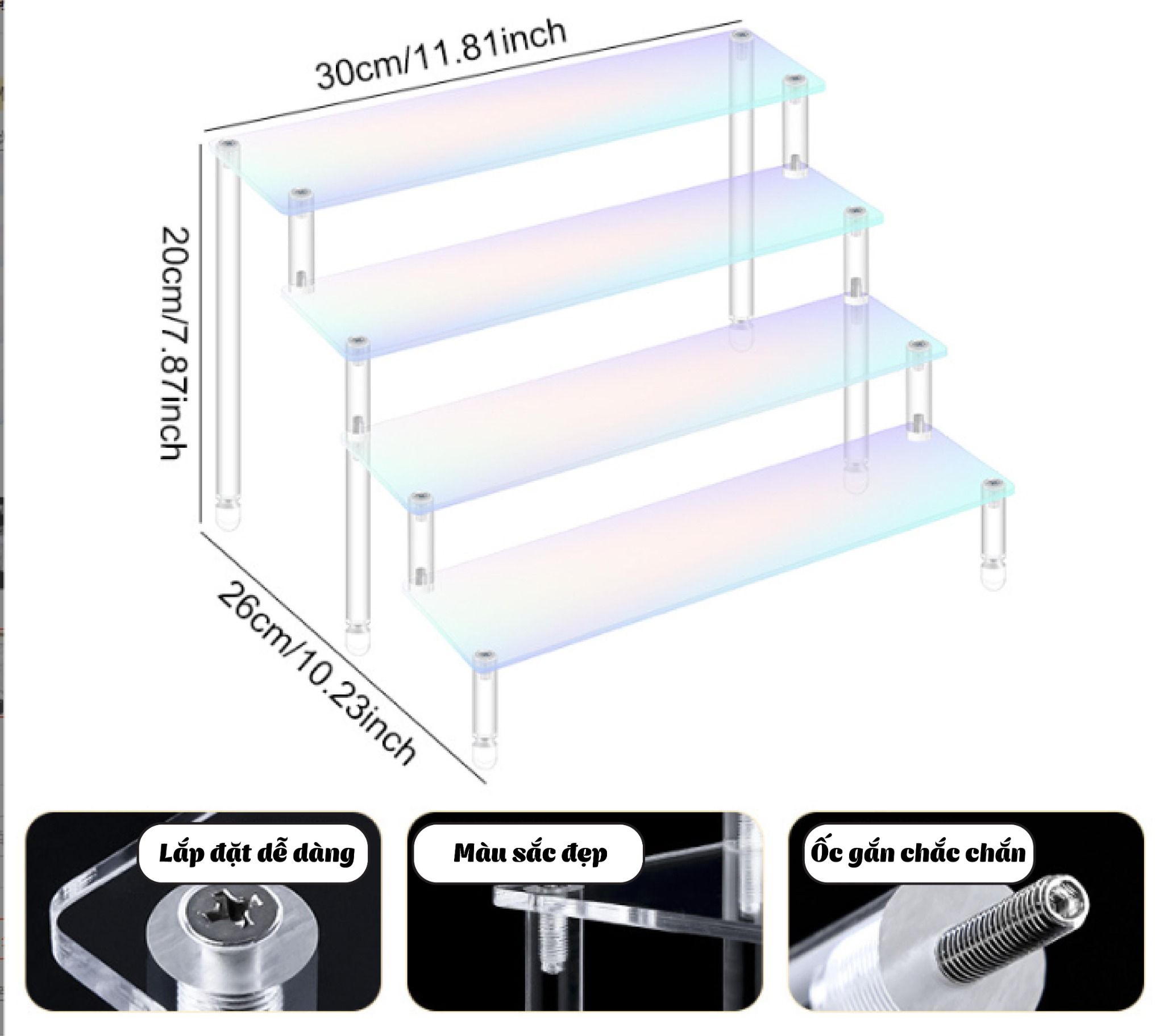  Kệ mica trưng bày màu Gardient các sản phẩm mô hình xe, nhân vật, sơn nhiều tầng PK509 