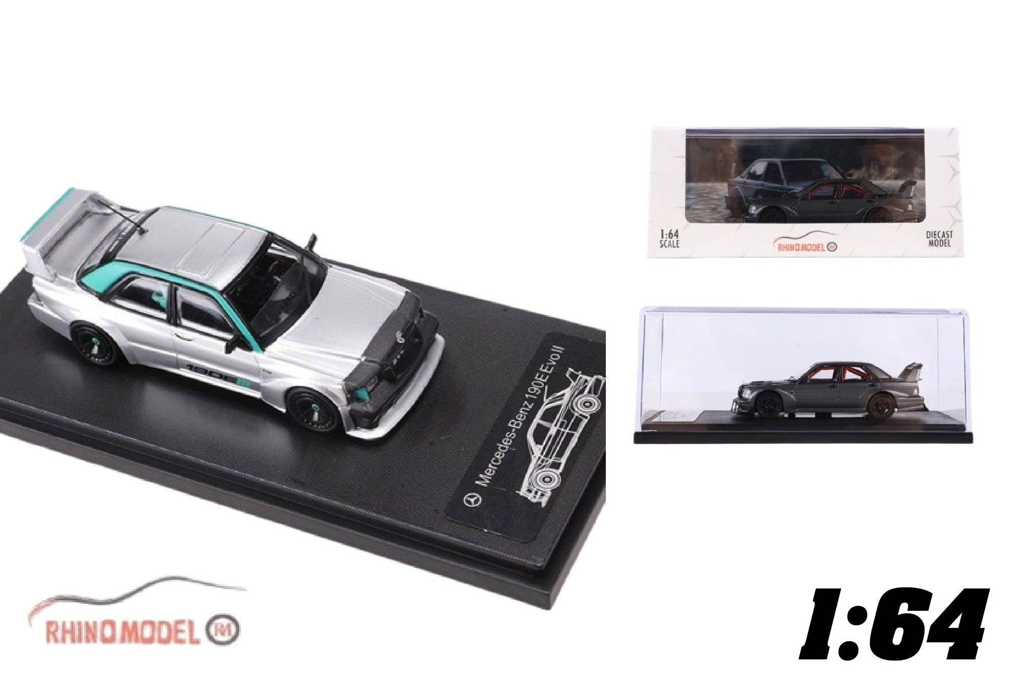  Mô hình xe Mercedes-Benz 190E W201 Evo II có hộp mica tỉ lệ 1:64 Rhino Model RM64-190E-2 