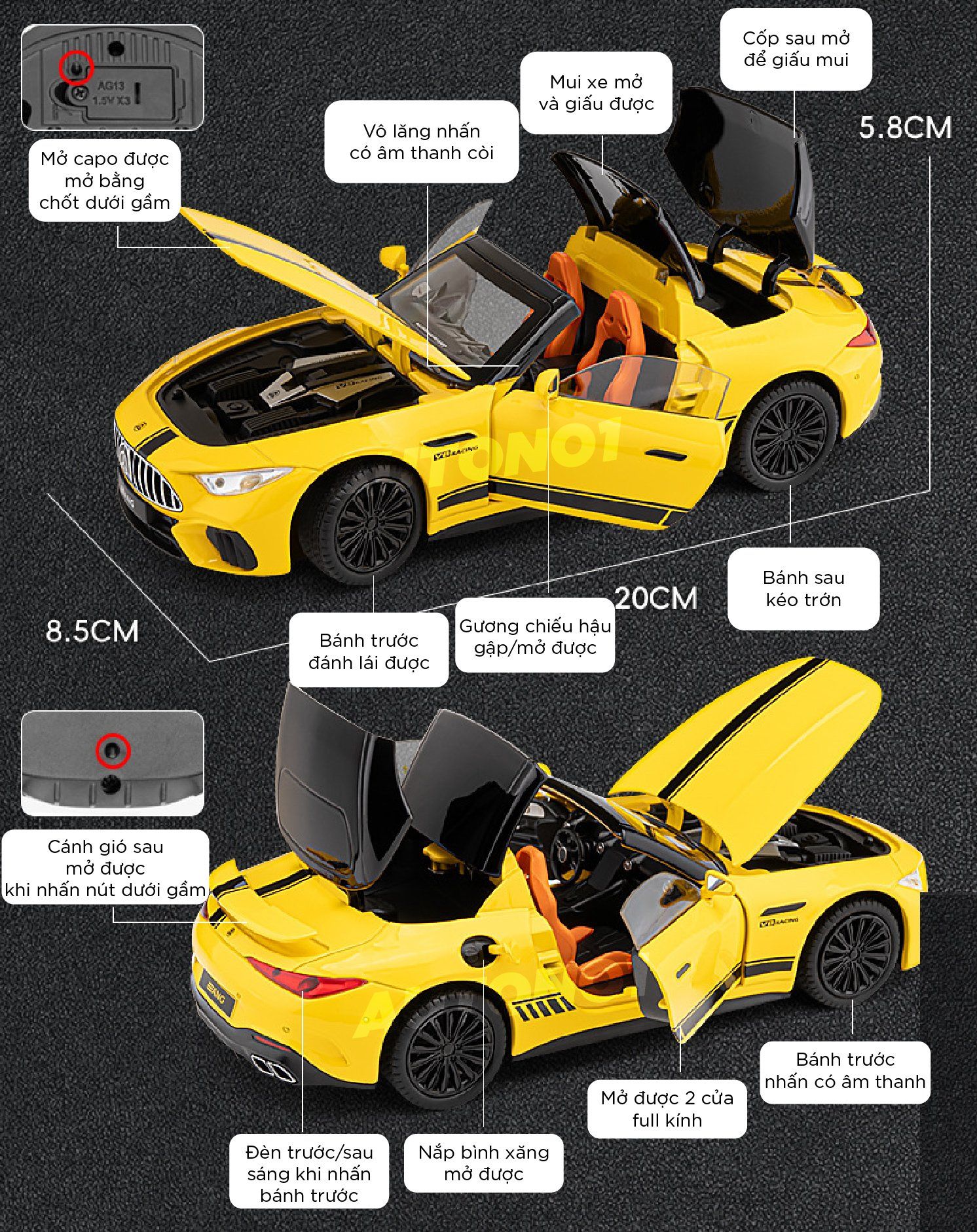  Mô hình xe Mercedes-Benz AMG SL63 mở được mui - full open - full kính - đánh lái được tỉ lệ 1:22 Jiaye Model OT24021 