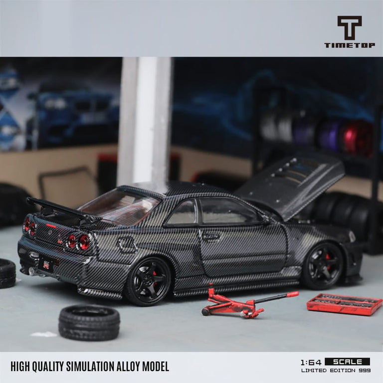  Mô hình xe Nissan Skyline GTR-R34 Full Carbon Black tỉ lệ 1:64 Time Top TT643422-1 