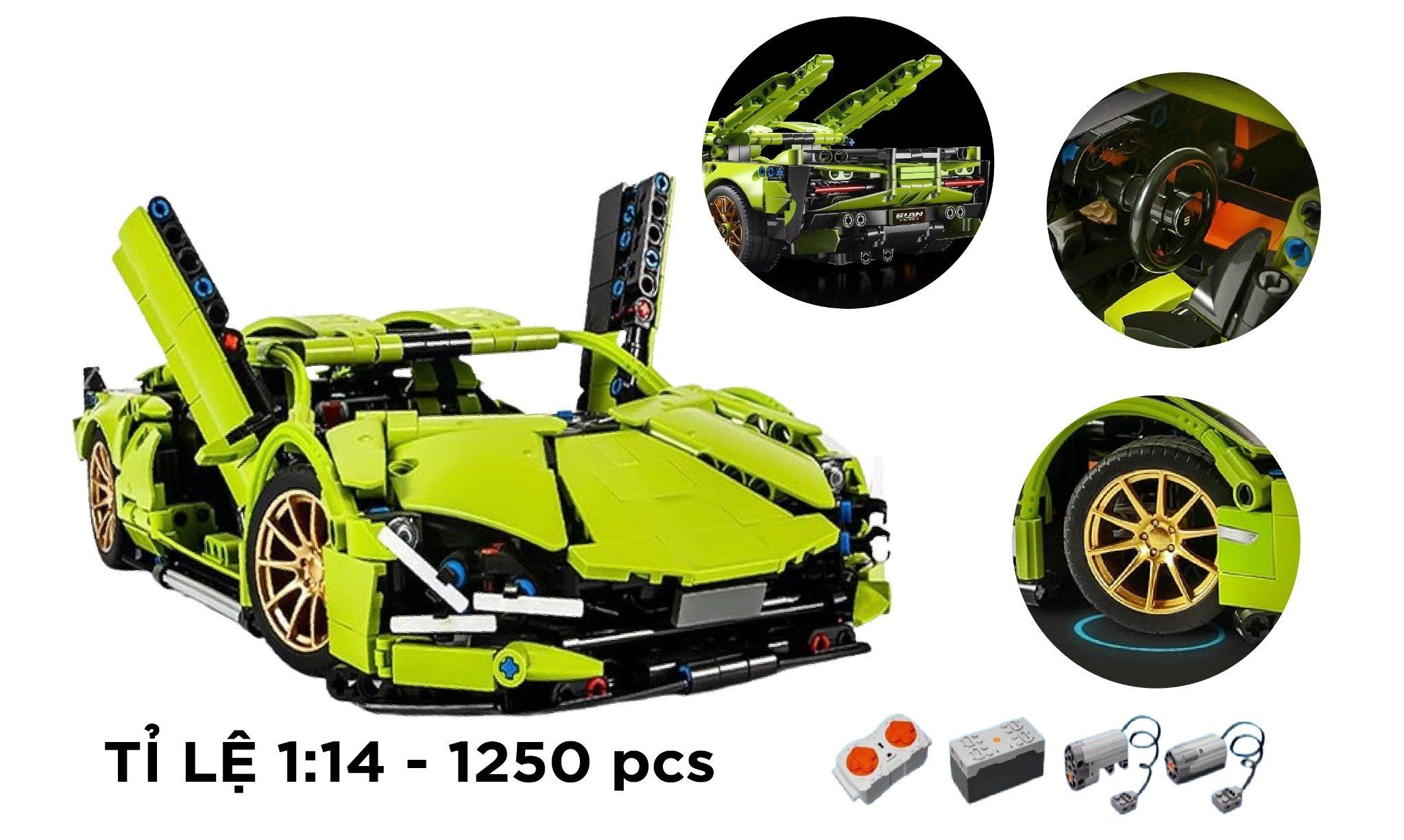  Mô hình xe ô tô lắp ghép Lamborghini Sian green 1250 pcs, có điều khiển tỉ lệ 1:14 LG018 