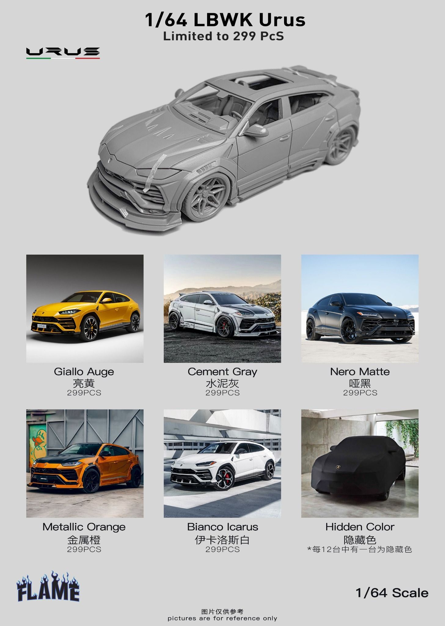  Mô hình xe Lamborghini Urus LBWK Liberty Walk limited edition 299pcs tỉ lệ 1:64 Flame model OT64201 