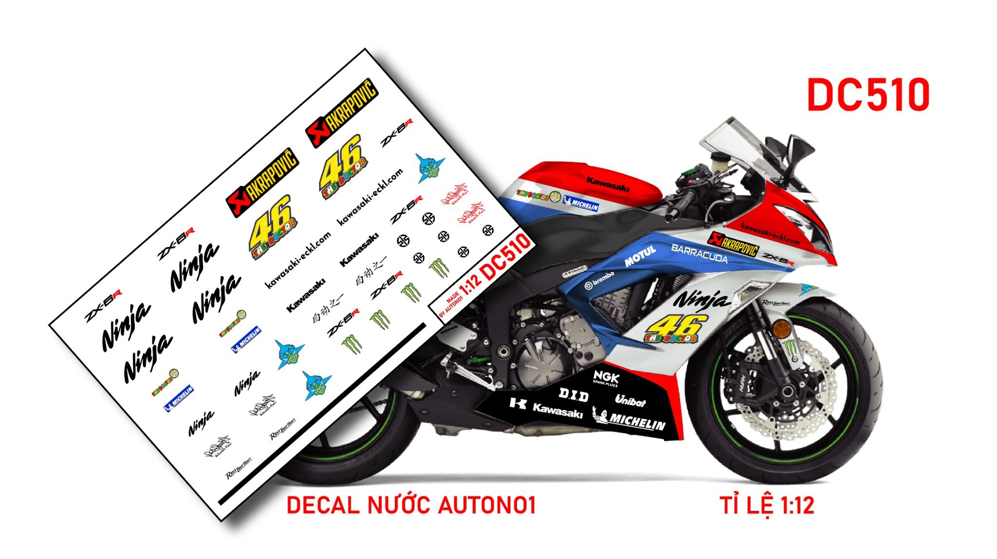  Decal nước độ Kawasaki Zx 6r 1:12 Autono1 DC510 