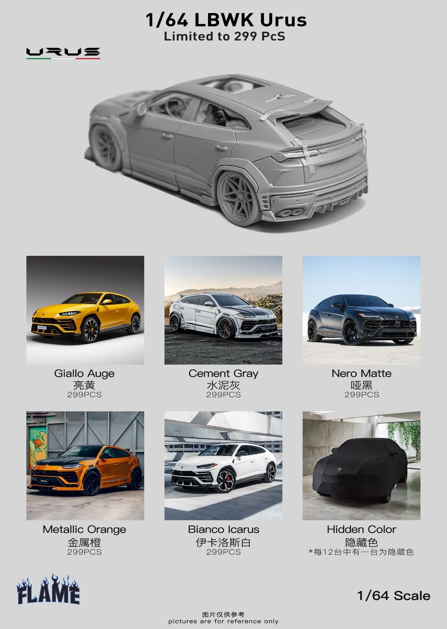  Mô hình xe Lamborghini Urus LBWK Liberty Walk limited edition 299pcs tỉ lệ 1:64 Flame model OT64201 